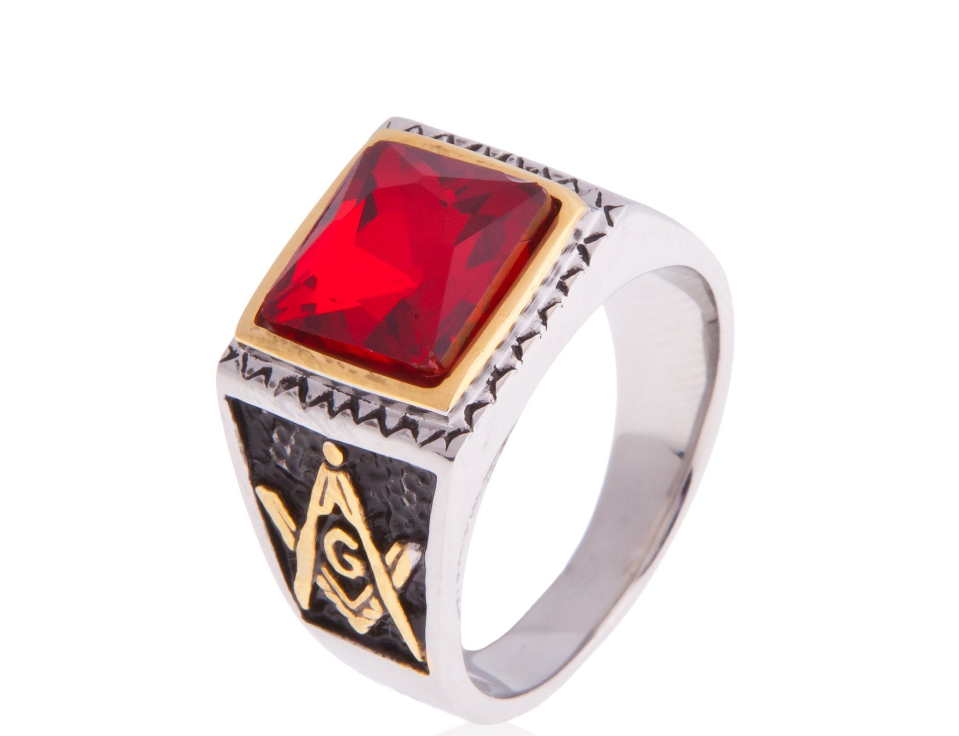 Karisma Fingerring Männer Edestahl 316L Gold Männer Ring - Freimaurer Stein Rot - RHC94R