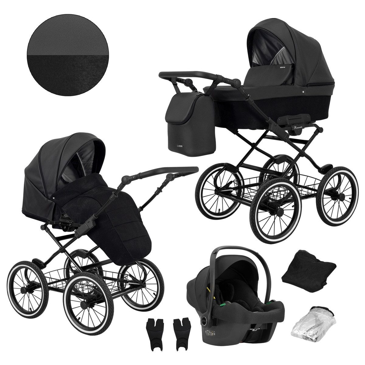 KUNERT Kombi-Kinderwagen Romantic 3-in-1 Öko-Leder Kinderwagen mit Cosmo Autositz, Große Tragewanne, stabiler Stahlrahmen, aufblasbare Räder