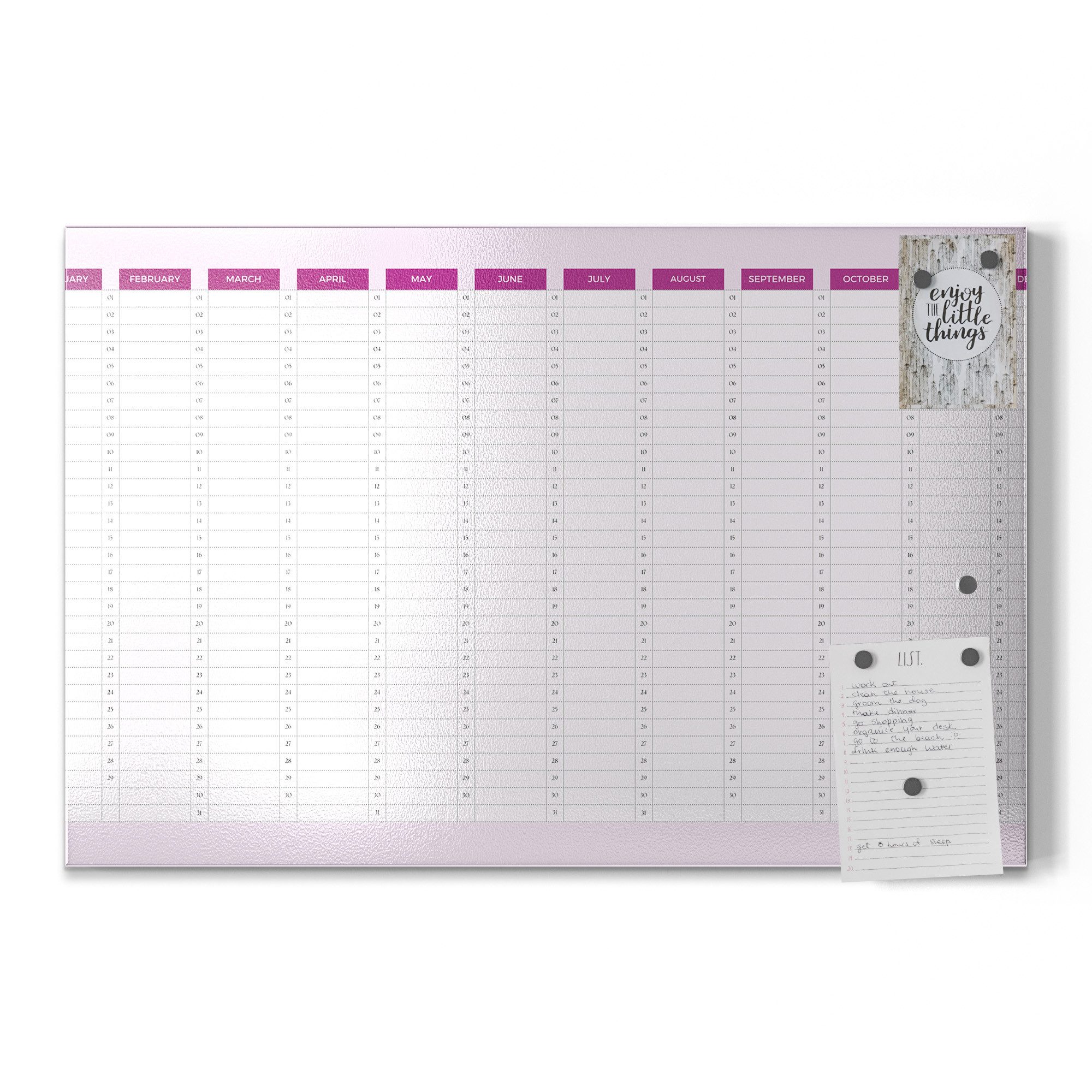 DEQORI Magnettafel 'Jahresplaner Pink (EN)', Metall Whiteboard für alle Magnete, Magnetboard magnetisch