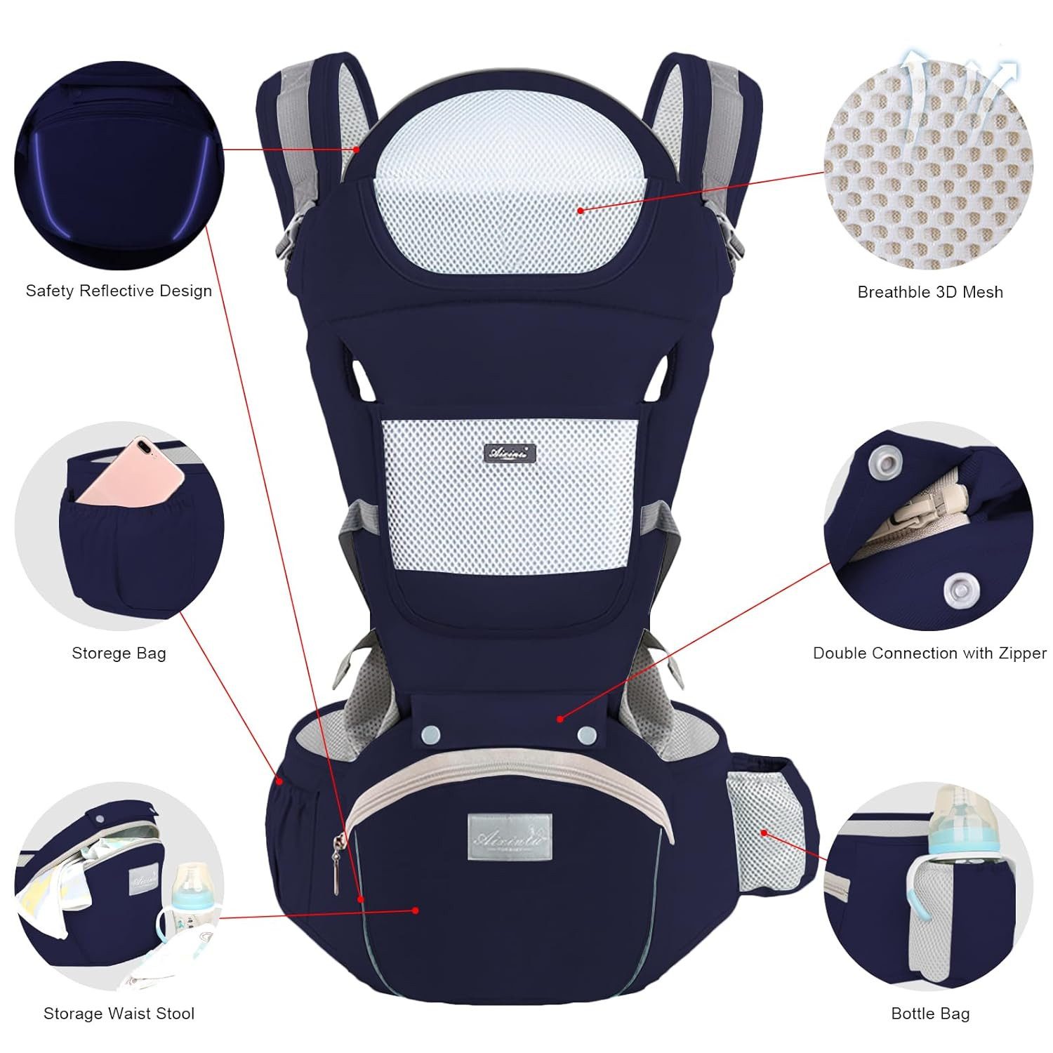 Athlix Bauchtrage Babytrage mit abnehmbarem Hüftsitz atmungsaktiv Komfort, 3-36 Monate, 3-20 kg, Atmungsaktive reine Baumwolle, Komforttrage – Bild 3 von 4