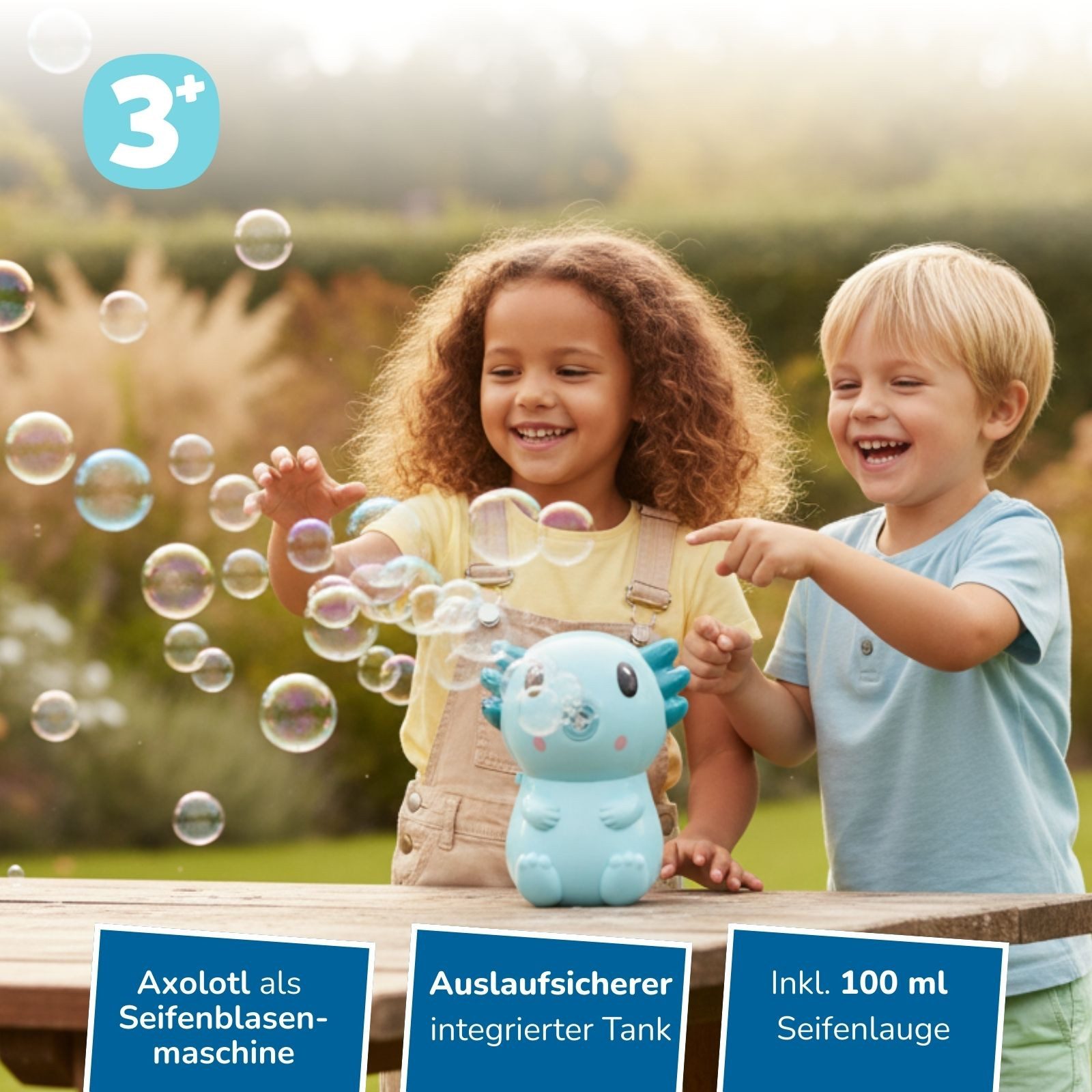 alldoro Seifenblasenmaschine Seifenblasen-Maschine Axolotl türkis, 14 cm, für Kinder ab 3 Jahren, Seifenblasen-Set mit tragbarer Seifenblasenkanone & 100 ml Flüssigkeit