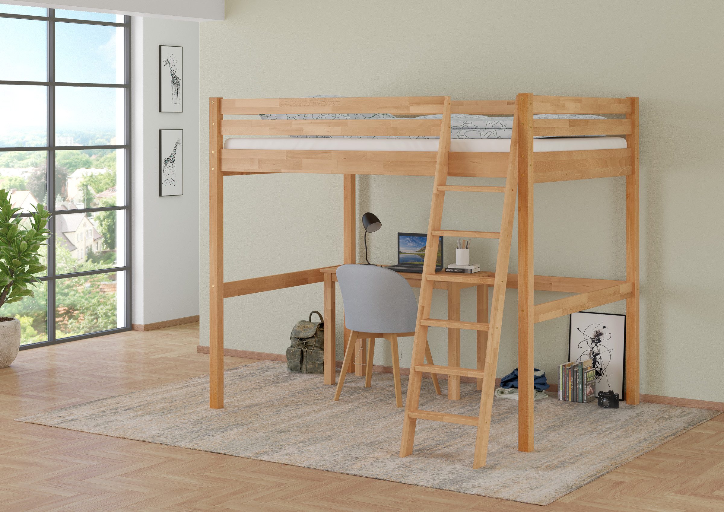 ERST-HOLZ Hochbett Stockbett Doppelbett Hochbett aus massiver Buche 140 x 200 cm Buchefarblos lackiert