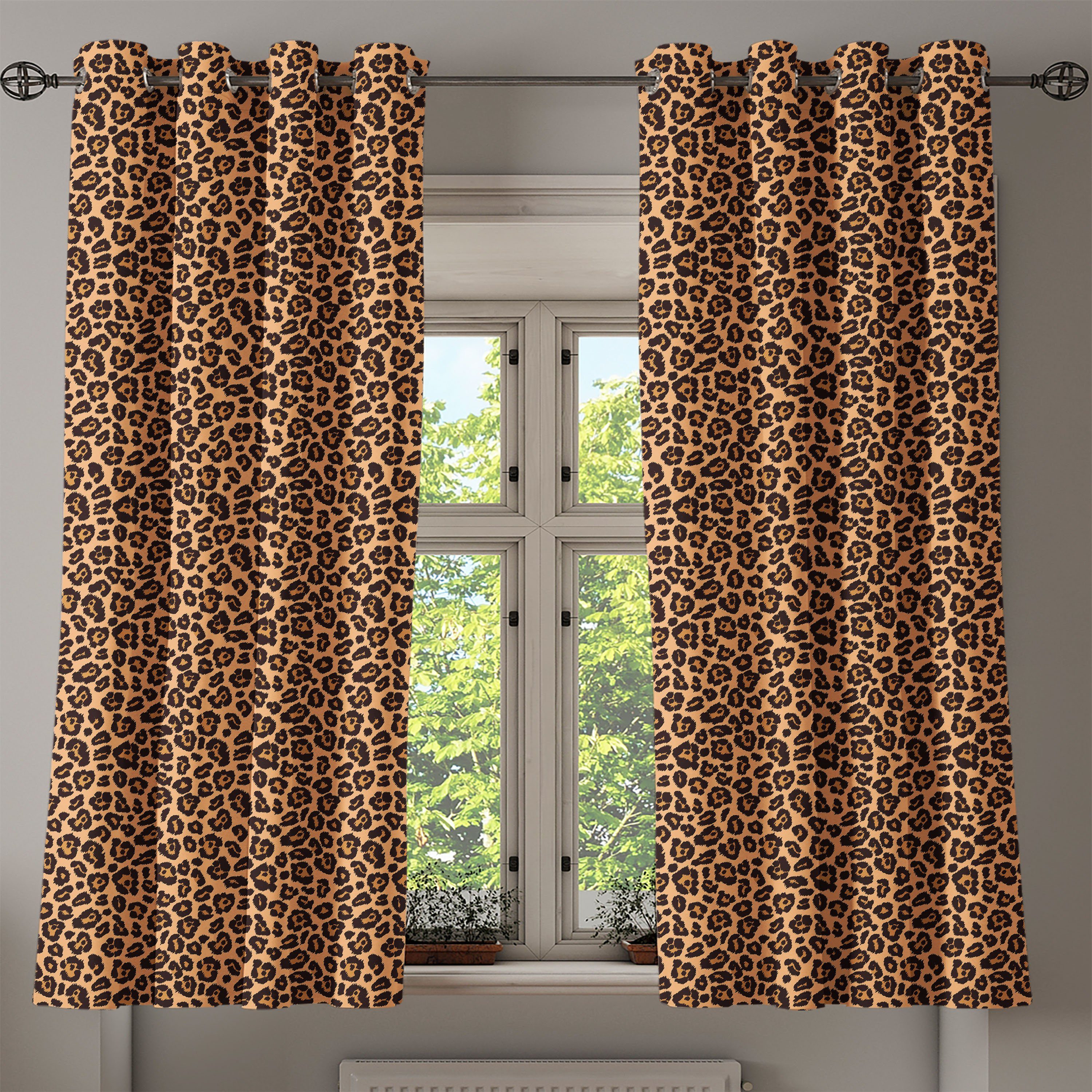 2-Panel-Fenstervorhänge Afrikanische Dekorative Schlafzimmer für Wohnzimmer, Abakuhaus, Exotische Gardine Leopard-Druck Orange