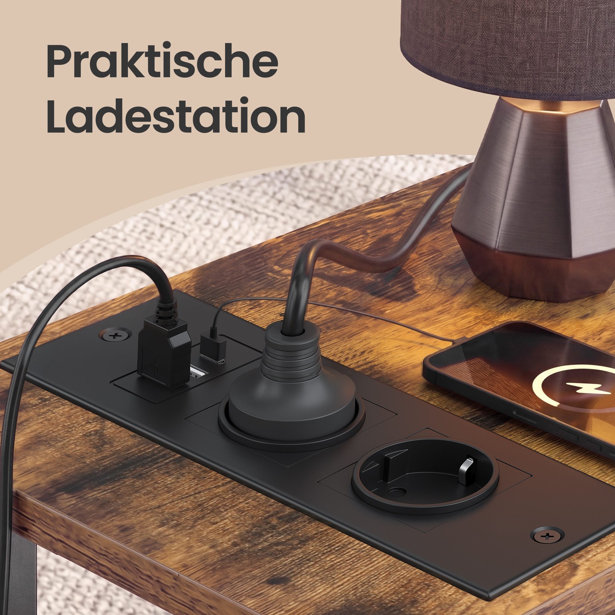 SONGMICS Beistelltisch Nachttisch Beistelltisch mit Steckdose und USB, 2 Stoffschubladen, 21,6 x 46 x 60,4 cm, für Schlafzimmer, mit LED-Beleuchtung – Bild 4 von 5