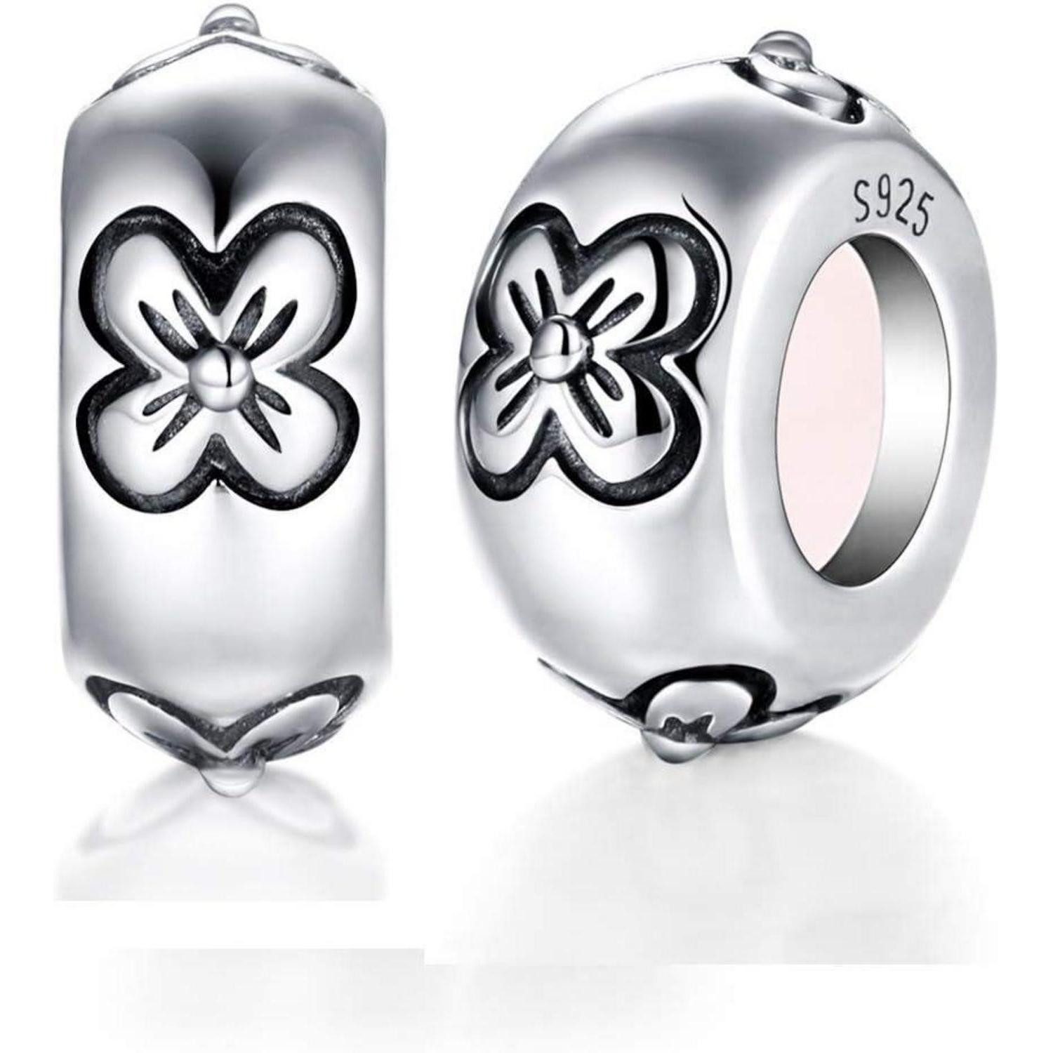 LuxusKollektion Bead Spacer Perlen Stopper 925 Silber Gummi 2er Damen Armband Silber-blumen