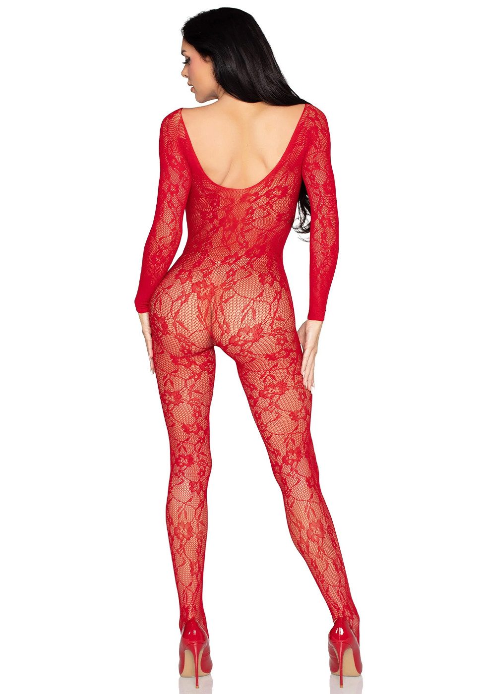 Leg Avenue Bodystocking Schulterfreier Bodystocking mit floralem Muster - rot (1 St) transparenter Stoff mit Blumenmuster