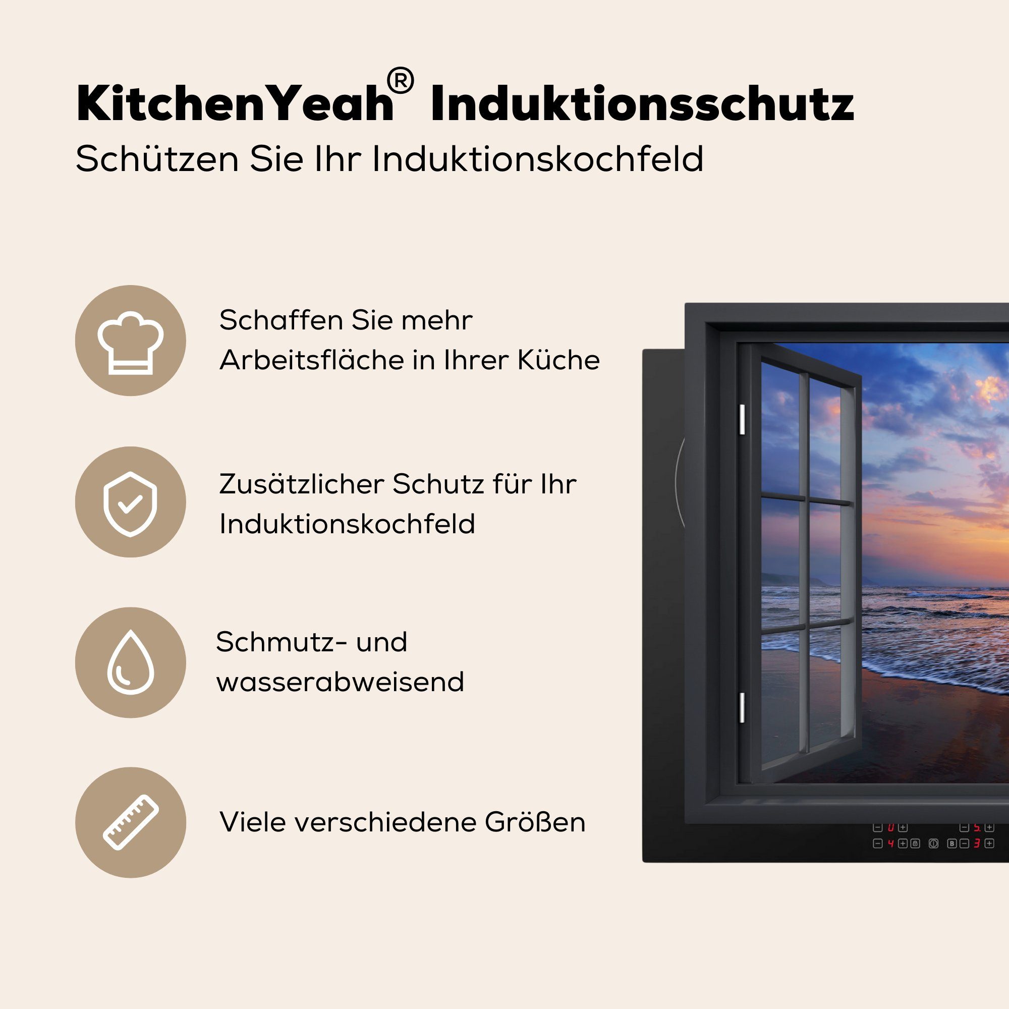 - 81x52 tlg), Schutz - für die Vinyl, Aussicht cm, MuchoWow Meer Herdblende-/Abdeckplatte küche, Ceranfeldabdeckung Strand, (1 Induktionskochfeld