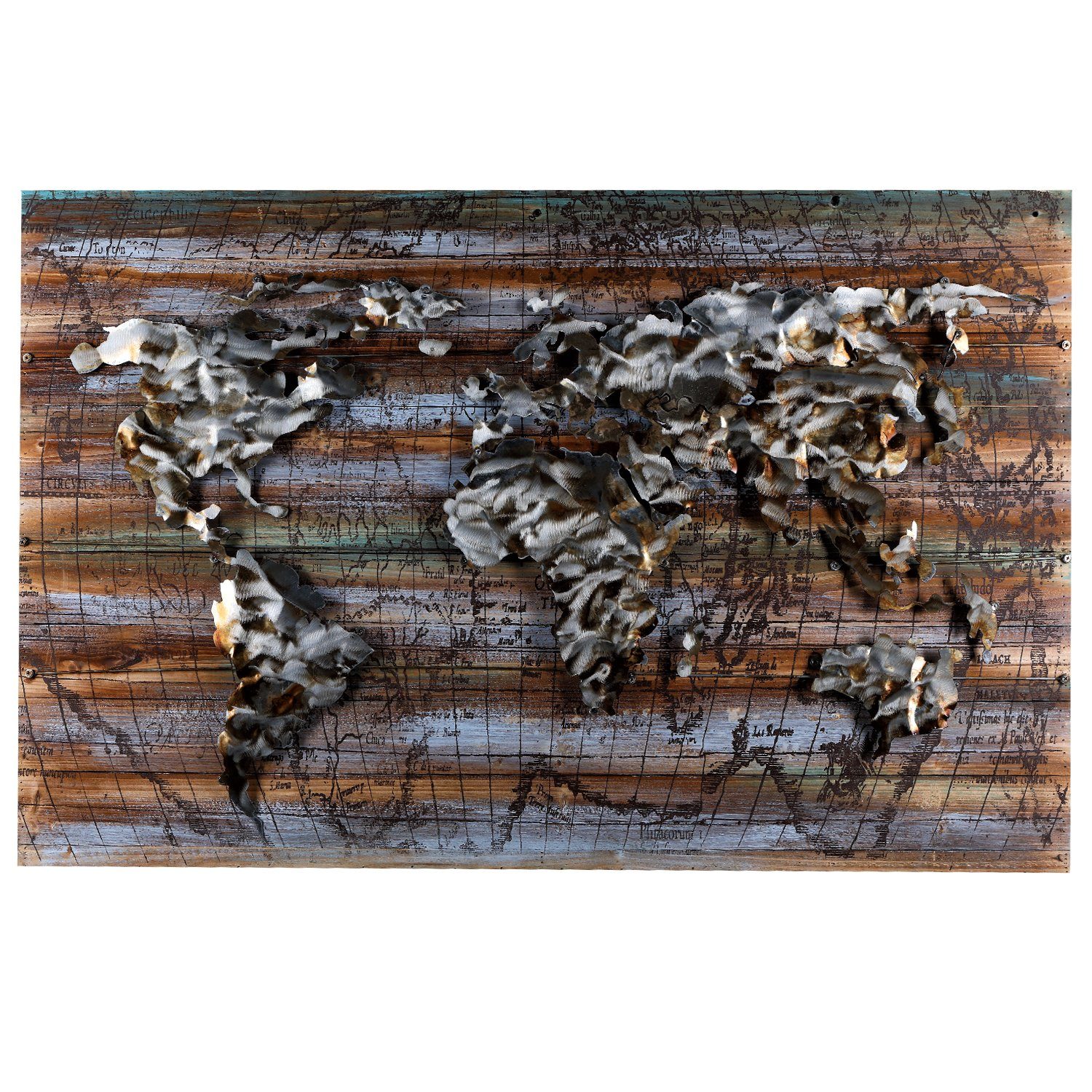 Home4Living Metallbild Wandbild 3D Unikat Relief handgefertigt, World on wood, 3D Effekt