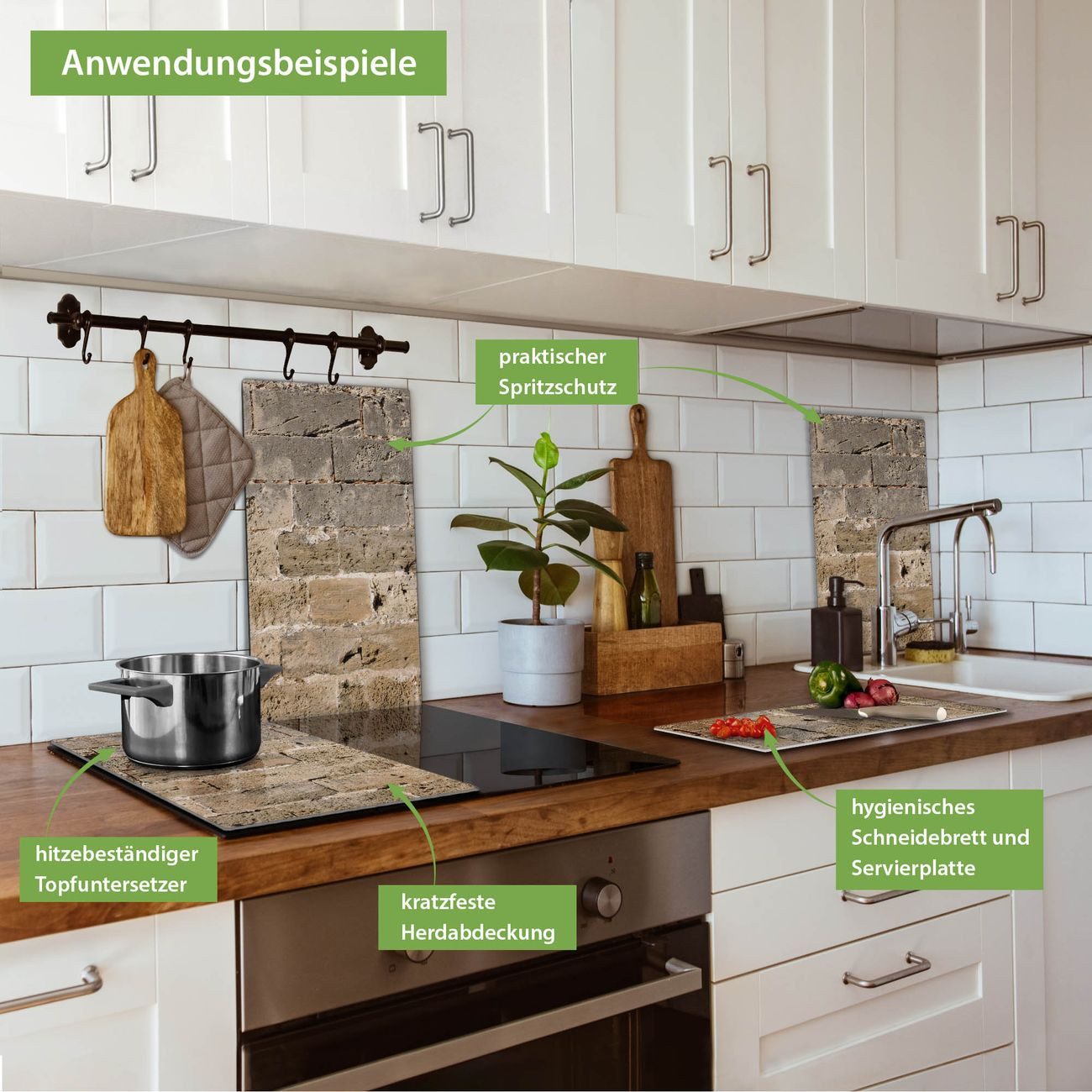 banjado Herd-Abdeckplatte zweiteilig aus Glas mit Motiv Steinwand Antik, (gehärtet, 2 tlg., inkl. selbstklebende Gummifüßchen)