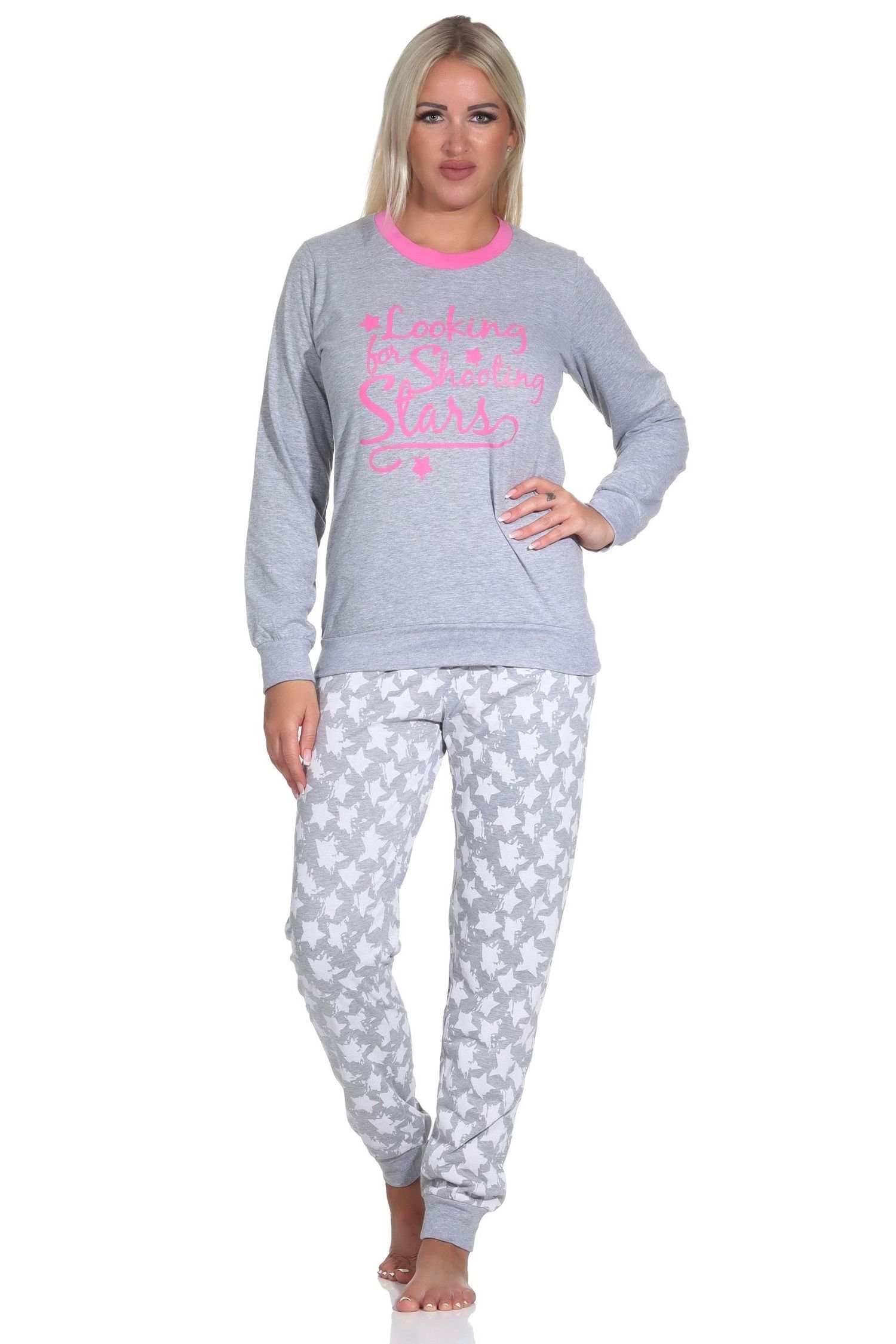Normann Pyjama Normann Damen Schlafanzug mit Bündchen in wunderschöner Sternenoptik grau