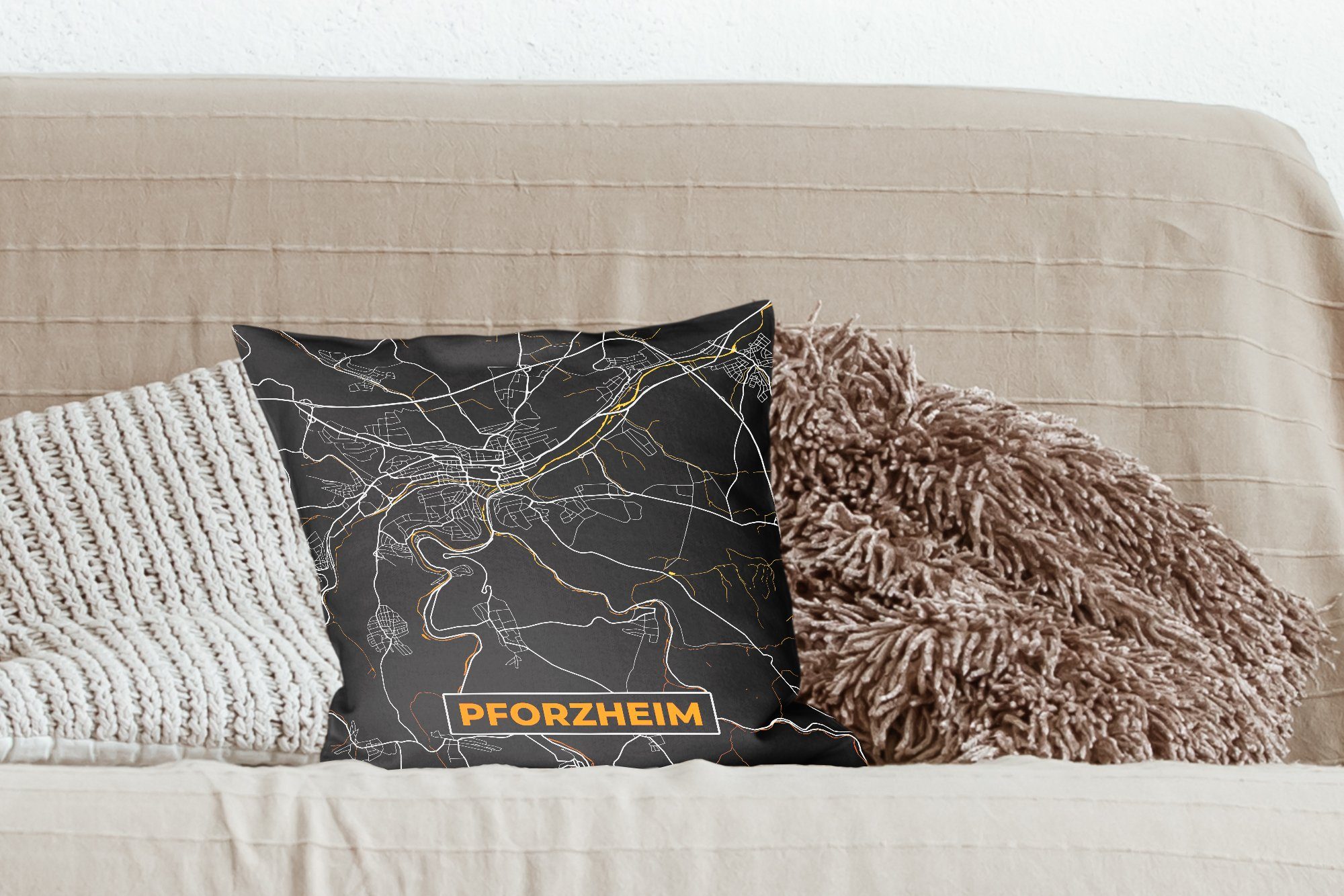 Schlafzimmer, Karte mit Karte, Deutschland - Wohzimmer, - Zierkissen Deko, Füllung Dekokissen - Pforzheim - Sofakissen Gold MuchoWow für