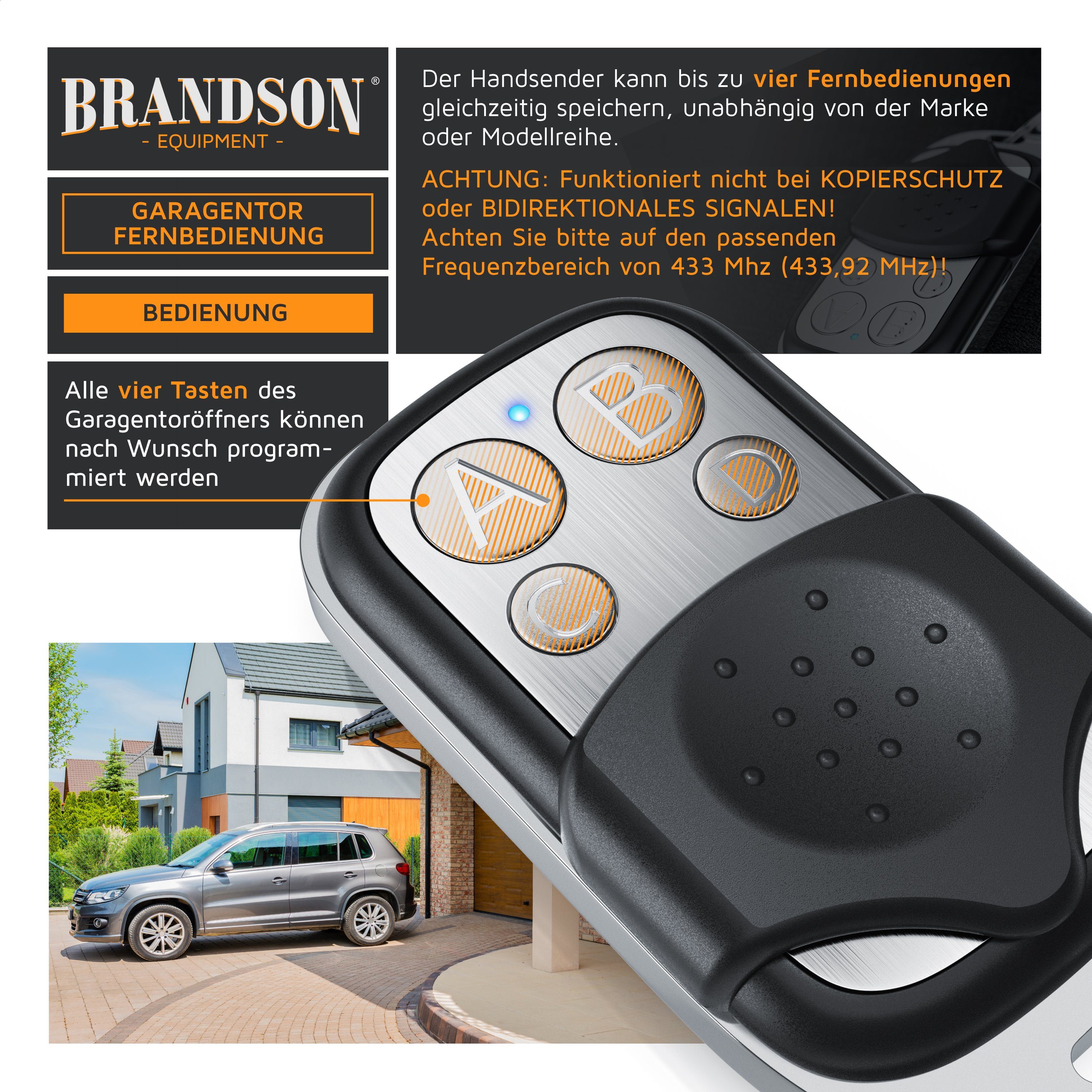 Brandson Tor-Funksteuerung, für Garagentorantrieb, Torantrieb,  Garagentoröffner 433 MHz selbstlernend - Universal Fernbedienung -  Handsender – 4 Tasten - Funk - Klonen Duplikator – mit Schlüsselanhänger