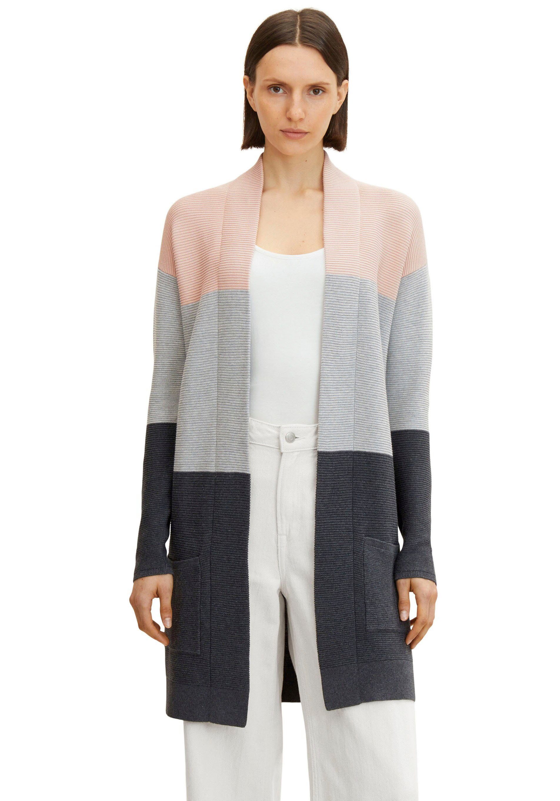 TOM TAILOR Longstrickjacke aus Rippstrick mit aufgesetzten Taschen rosa-grau-colorblocking