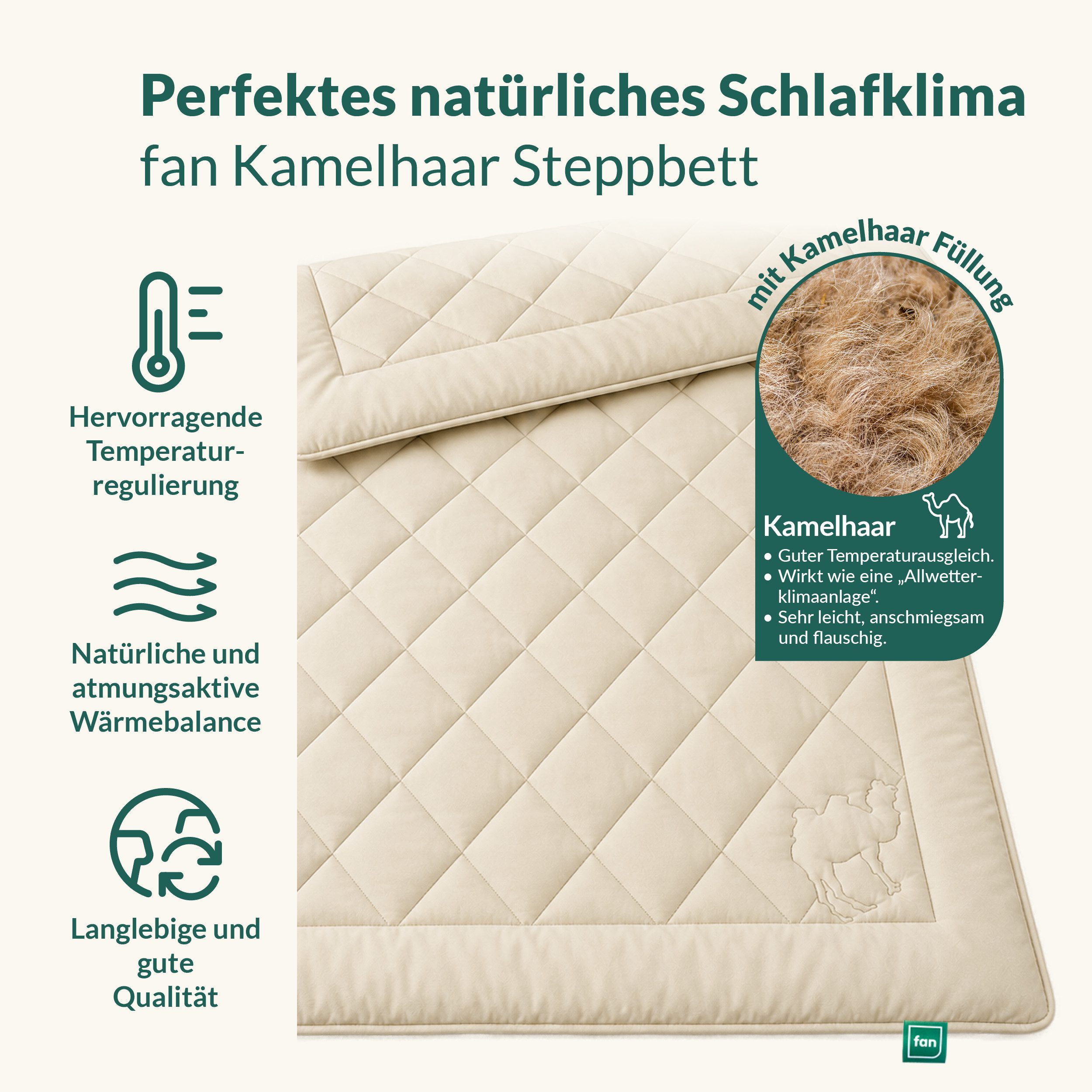 fan Naturhaarbettdecke Gobi, Bettdecken für Sommer und Winter, temperaturausgleichend, Füllung: Kamelhaar, Bezug: Baumwolle, Klimatisierende Kamelhaar-Füllung - – Bild 2 von 5