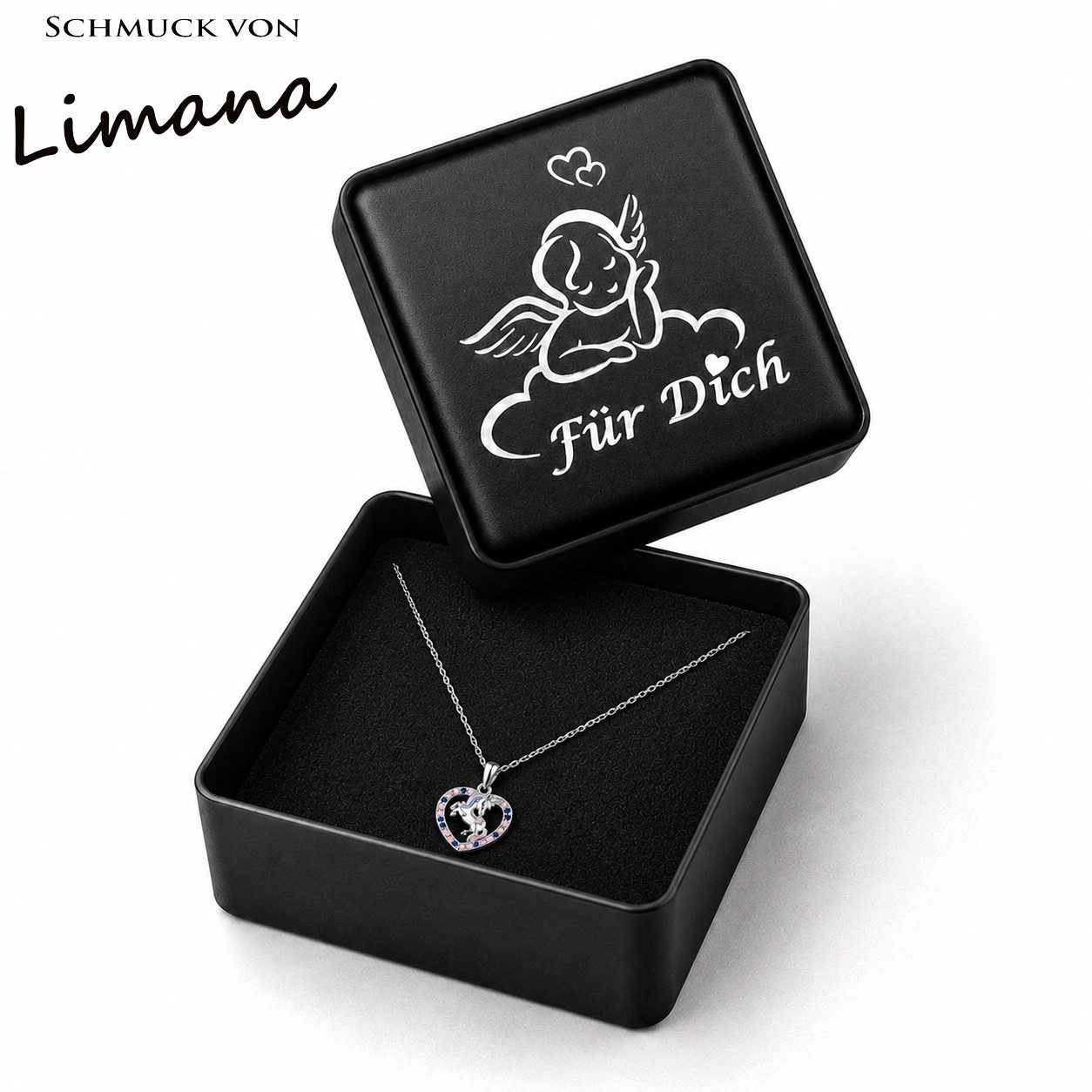 Limana Kette mit Anhänger feine Mädchen Halskette 925 Silber Pferd Einhorn Herz Schmuck (inkl. Schmuckdose), Geburtstag Einschulung Schulanfang Ostern Weihnacht – Bild 5 von 5