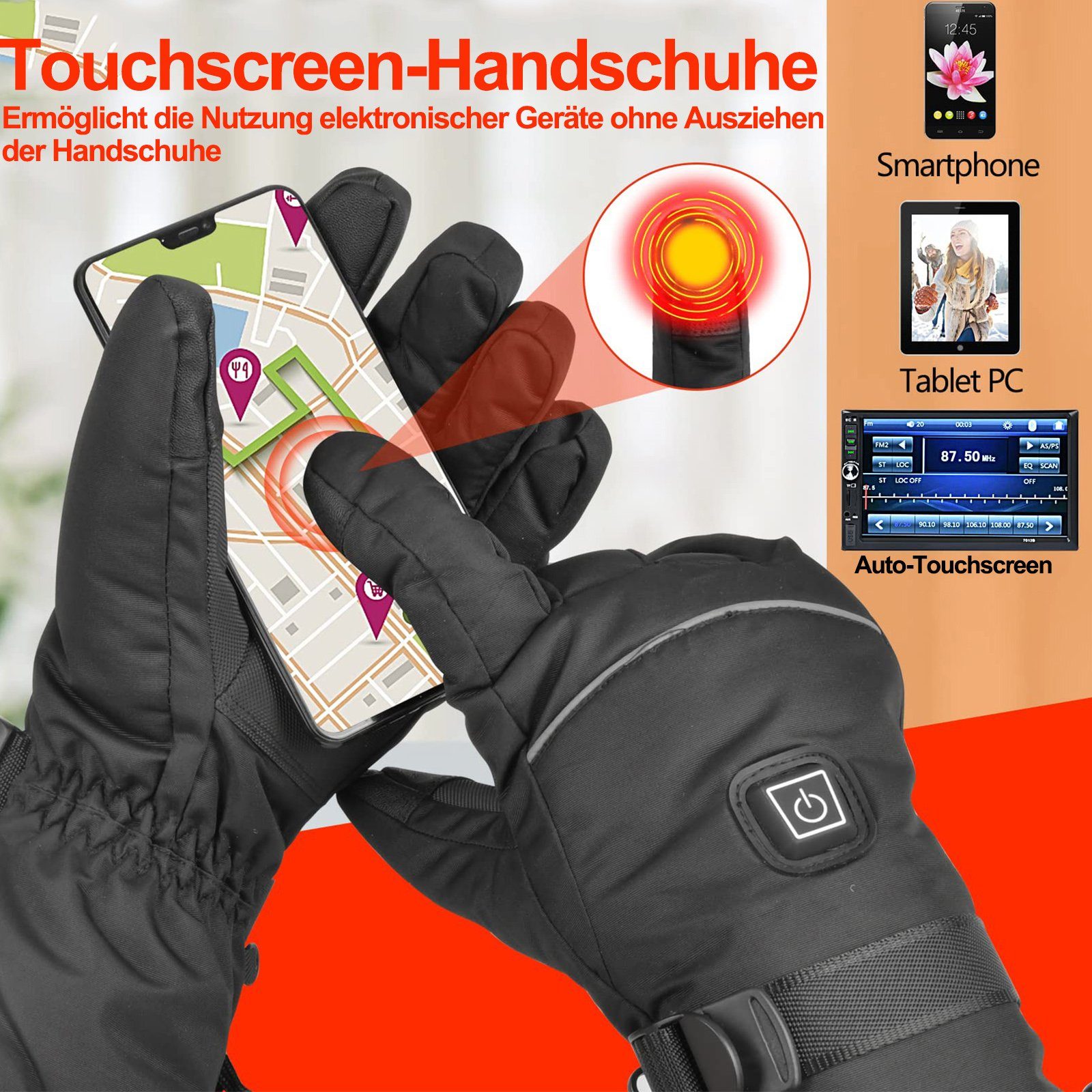Touchscreen-Handschuhe Beheizte Temperatur Handschuhe Fahrradhandschuhe 3AA-Batterie Damen&Herren Thermo für Wasser Schwarz BTTO Handschuhe Sporthandschuhe Winter 3