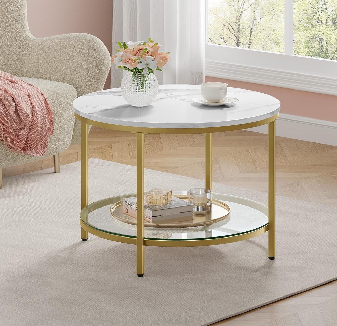 VASAGLE Couchtisch Wohnzimmertisch rund, klein, marmor (inkl. Zubehörpaket & Anleitung), für Wohnzimmer, einfacher Aufbau, moderner Stil, mit Glasplatte