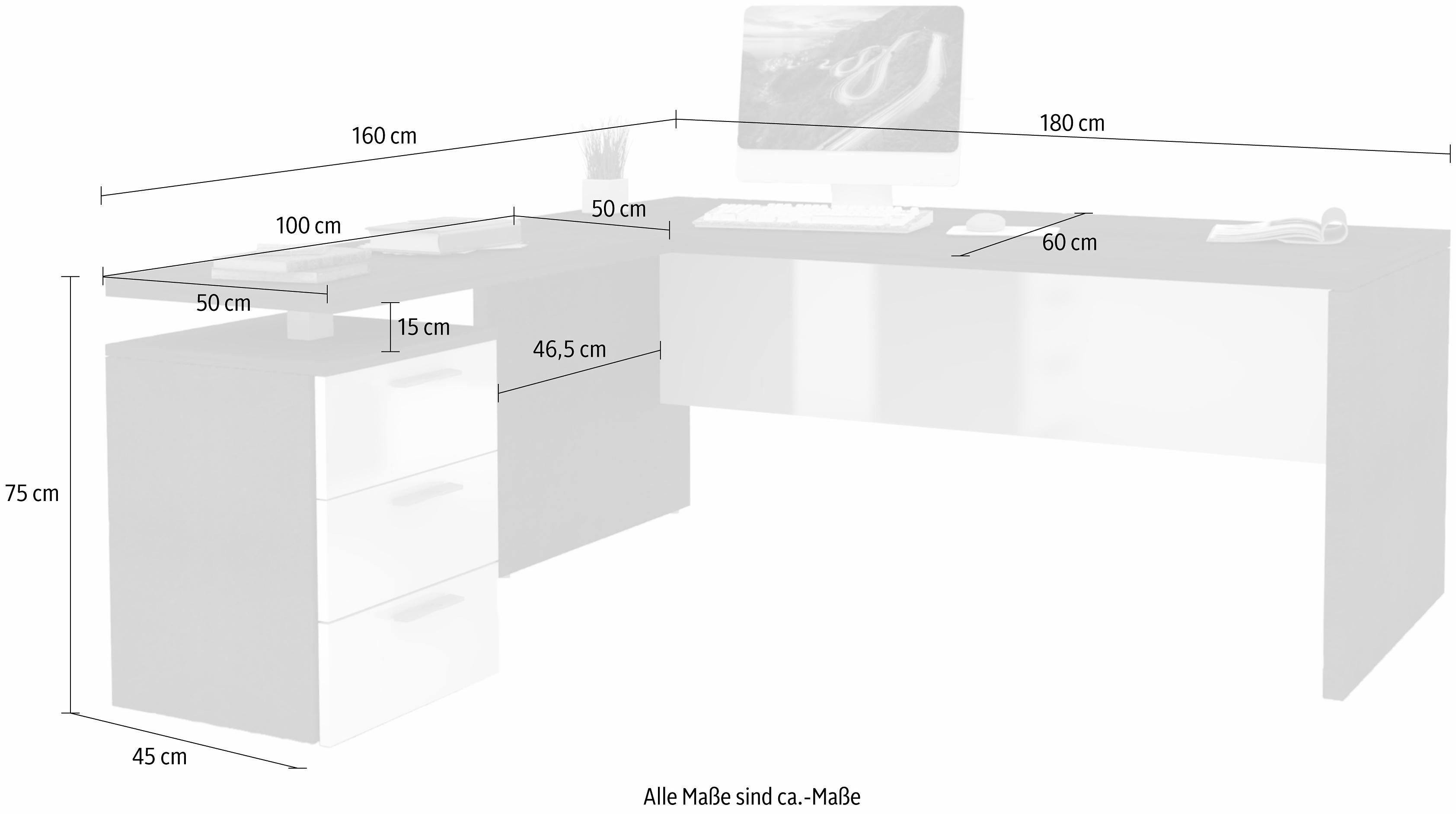 cm, mit Italy in Maße Made Selina, New 3 Tecnos 180/100x60x75 weiß Eckschreibtisch Schubkästen, Schreibtisch