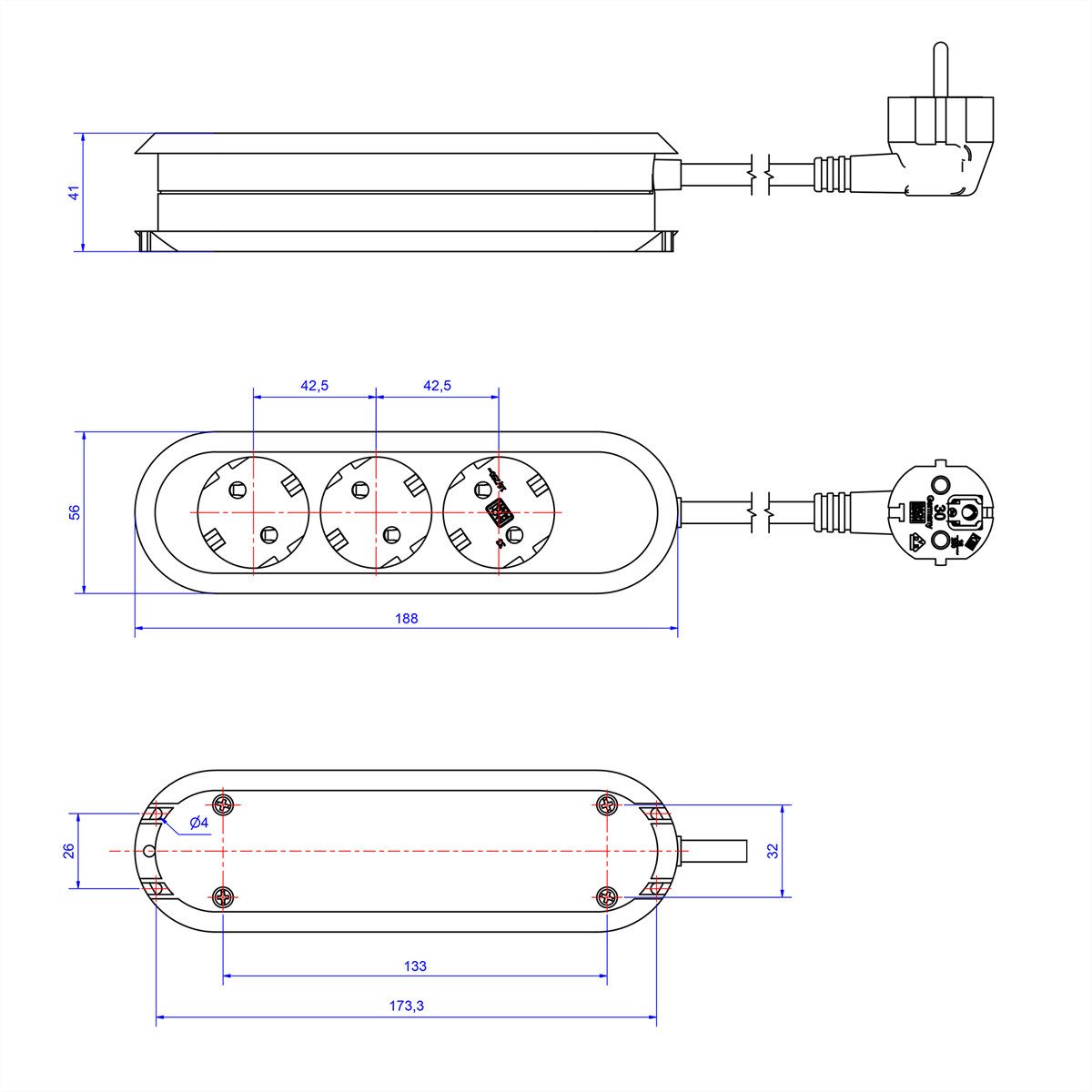 Bachmann SMART Steckdosenleiste 3x CEE7/3 braun Steckdosenleiste (Kabellänge 3 m), 3x Schutzkontakt, 388.471