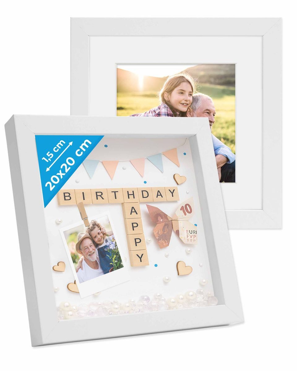 PHOTOLINI Bilderrahmen 2er Set 3D-Objektrahmen zum Befüllen mit Passepartout und Glasscheibe, für 2 Bilder (2er Set), Rahmen 20x20 cm für Objekte bis 1,5 cm Tiefe zum Basteln & Verschenken
