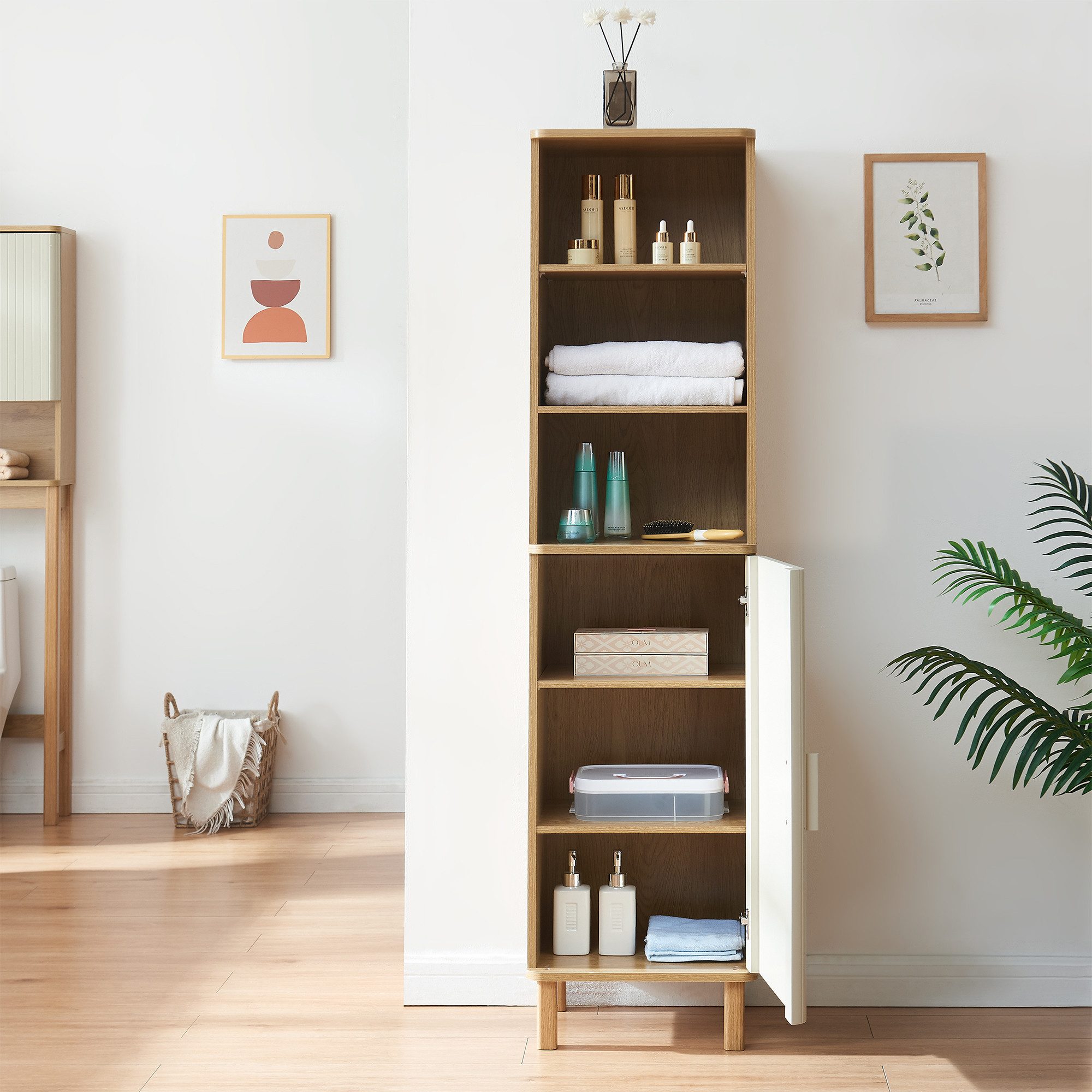 en.casa Hochschrank »Ferrersp« 1 Tür und 6 Fächer 160x42x35 cm Eicheoptik/Sandfarben