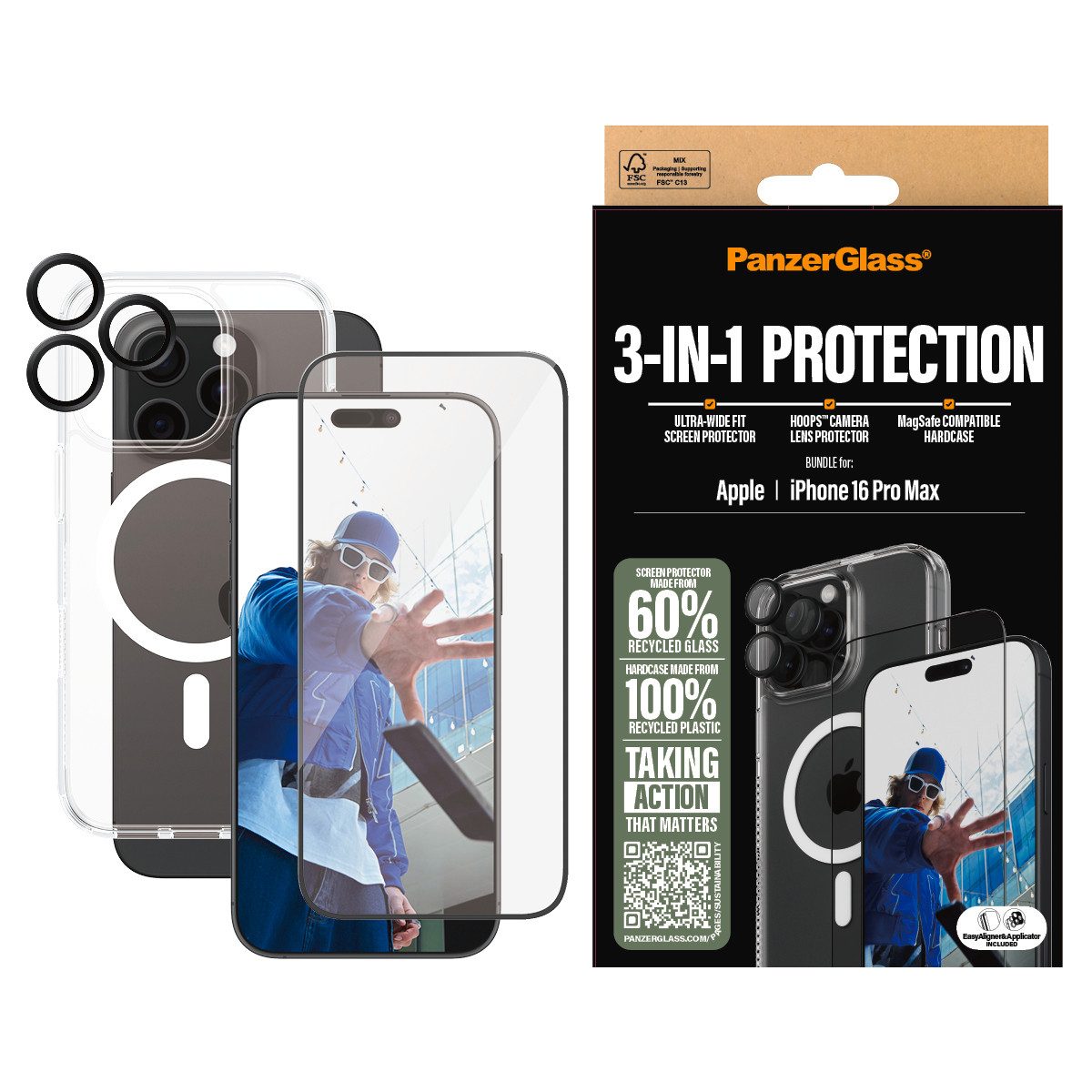 PanzerGlass Displayschutzglas 3-in-1 Protection, Glass, Hoops, Case für Apple iPhone 16 Pro Max, Displayschutzfolie, Schutzfolie, Bildschirmschutz, kratz- & stoßfest