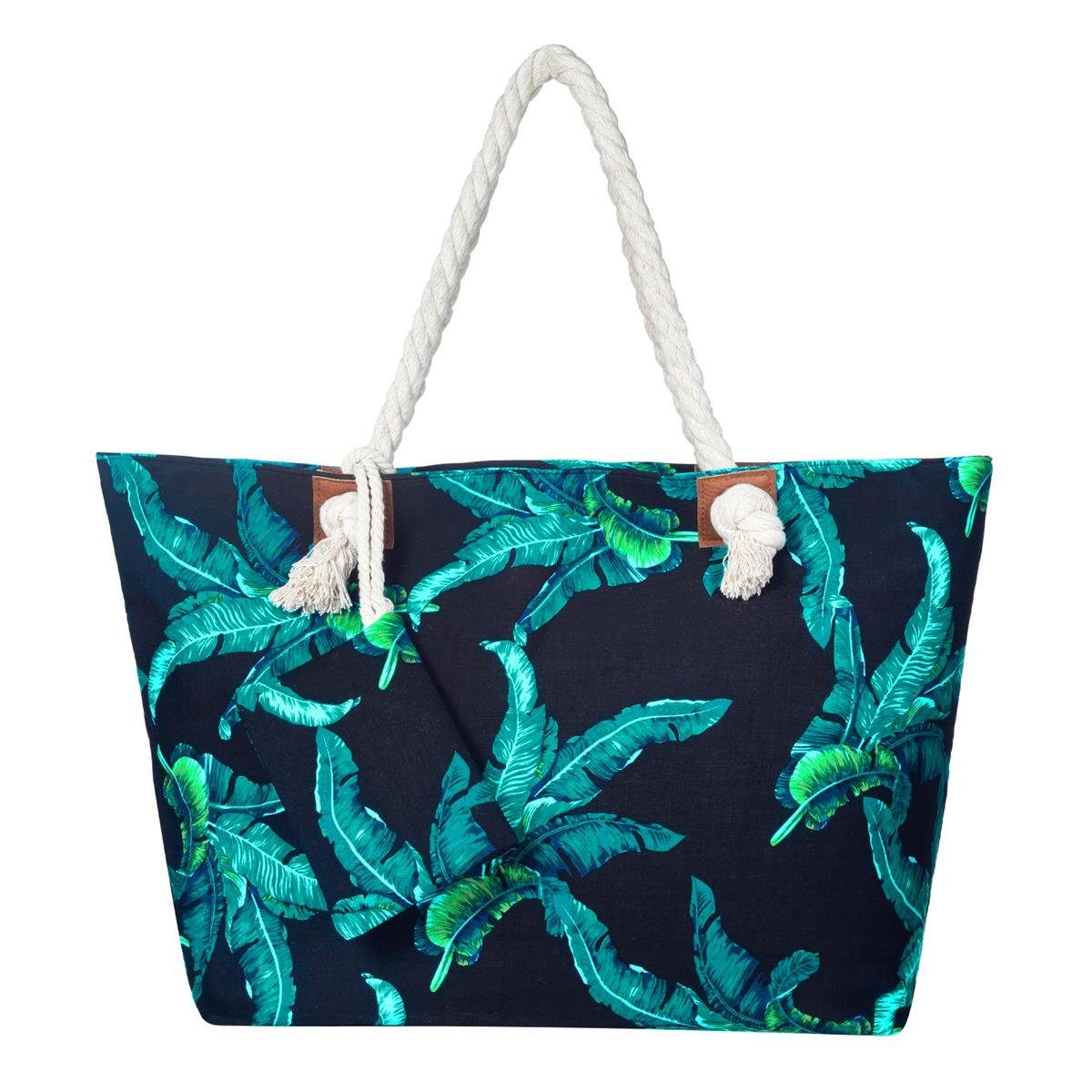 DonDon Strandtasche Shopper Schultertasche Beach Style (2-tlg), Große Strandtasche, mit Reißverschluss, tolle Motive blätter Blau