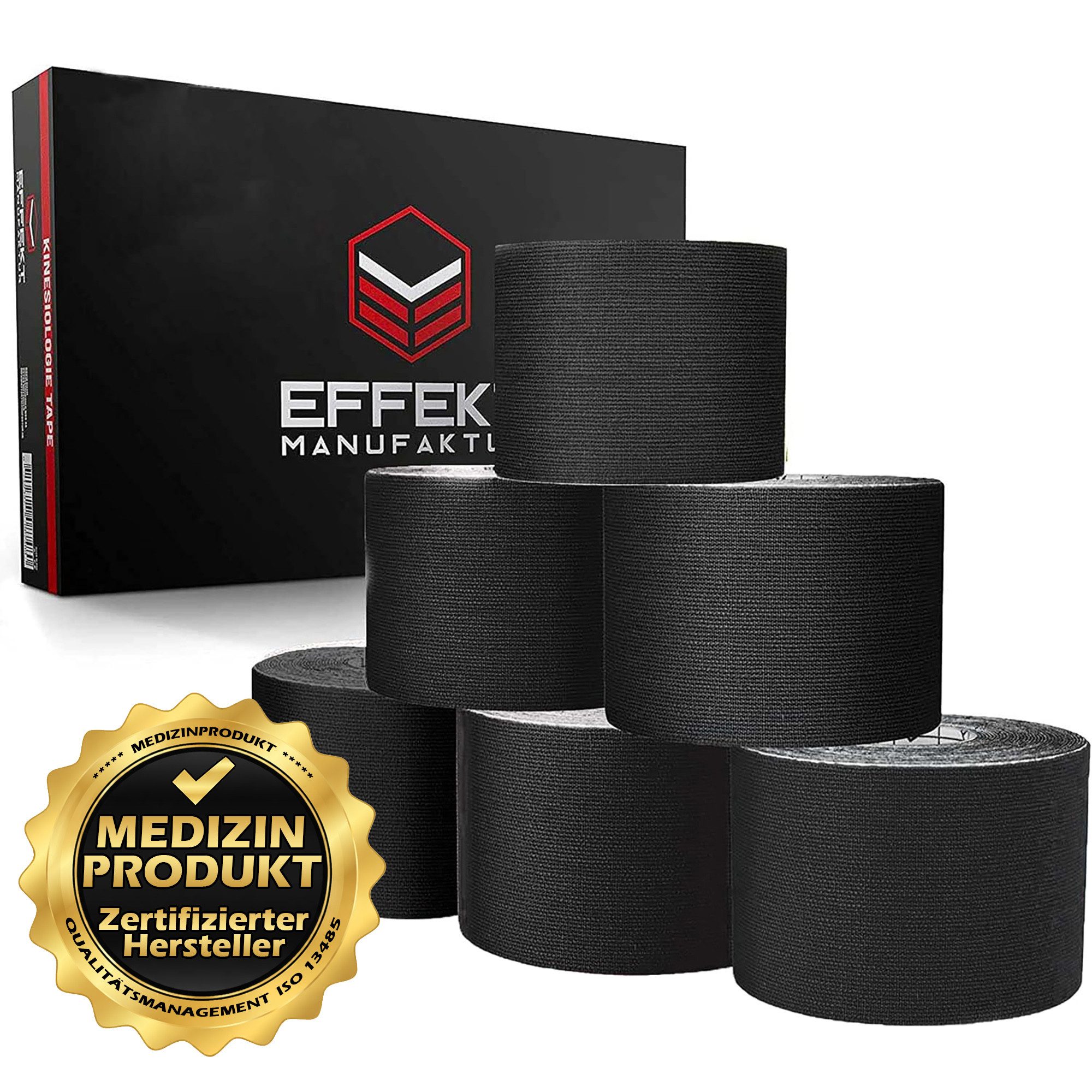 Effekt Manufaktur Kinesiologie-Tape - 6 Rollen – 500 x 5 cm – Kinesiotape in schwarz (6-St) 50-60 % Dehnbarkeit