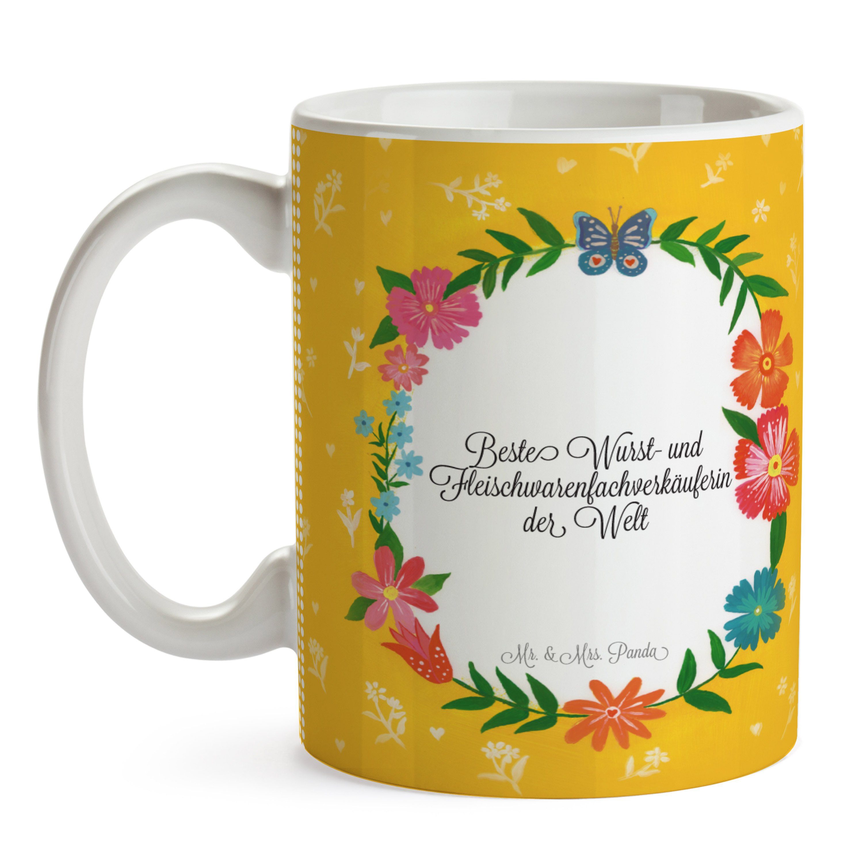 Mr. & Mrs. Panda und Geschenk, Kaffe, Wurst- Fleischwarenfachverkäuferin - Gratulation, Keramik Tasse