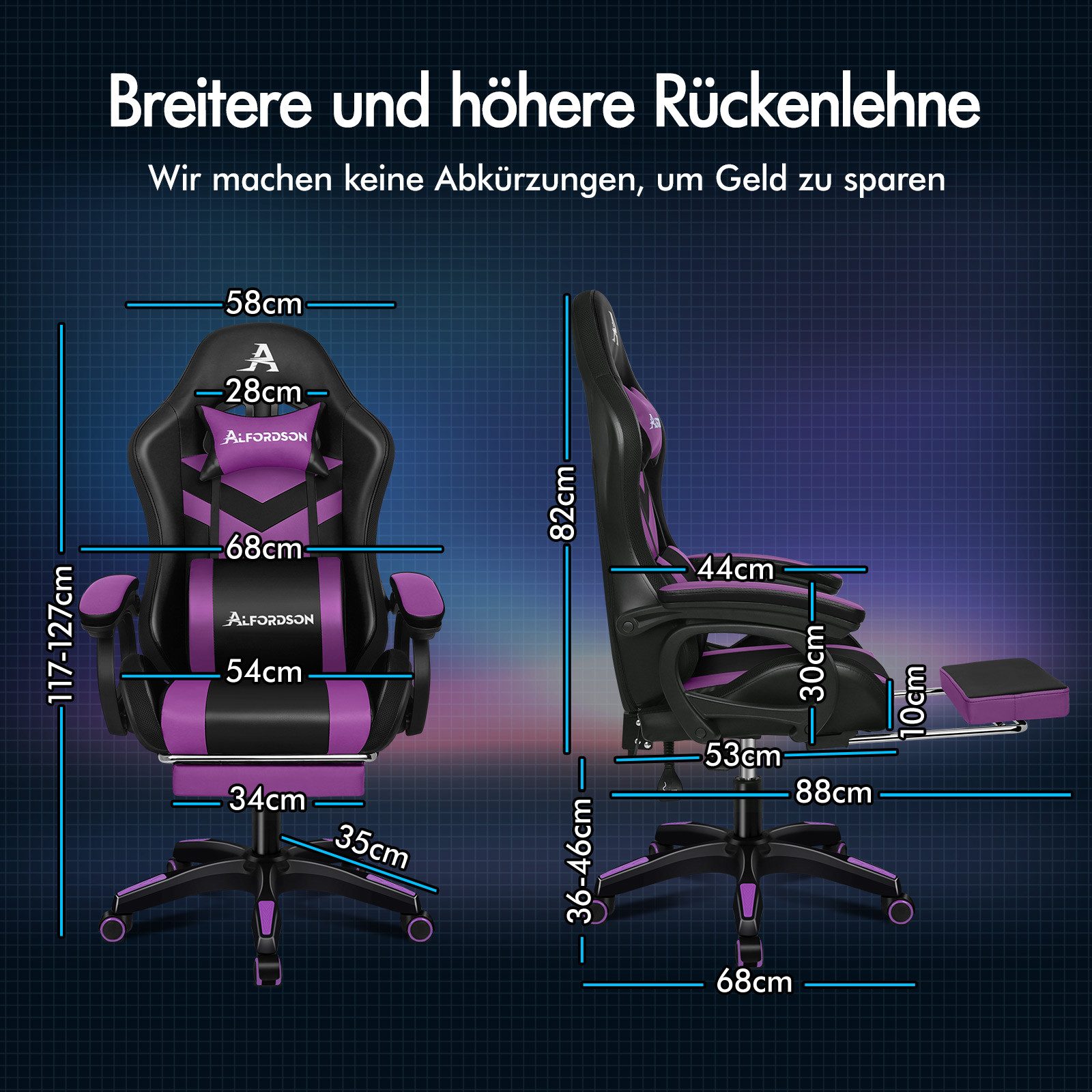 ALFORDSON Gaming-Stuhl ergonomisch mit Lendenwirbelstütze, Kopfstütze & 8-Punkt-Massage (1 St), Höhenverstellbar, neigbar, für Erwachsene, Mädchen und Jungen – Lila