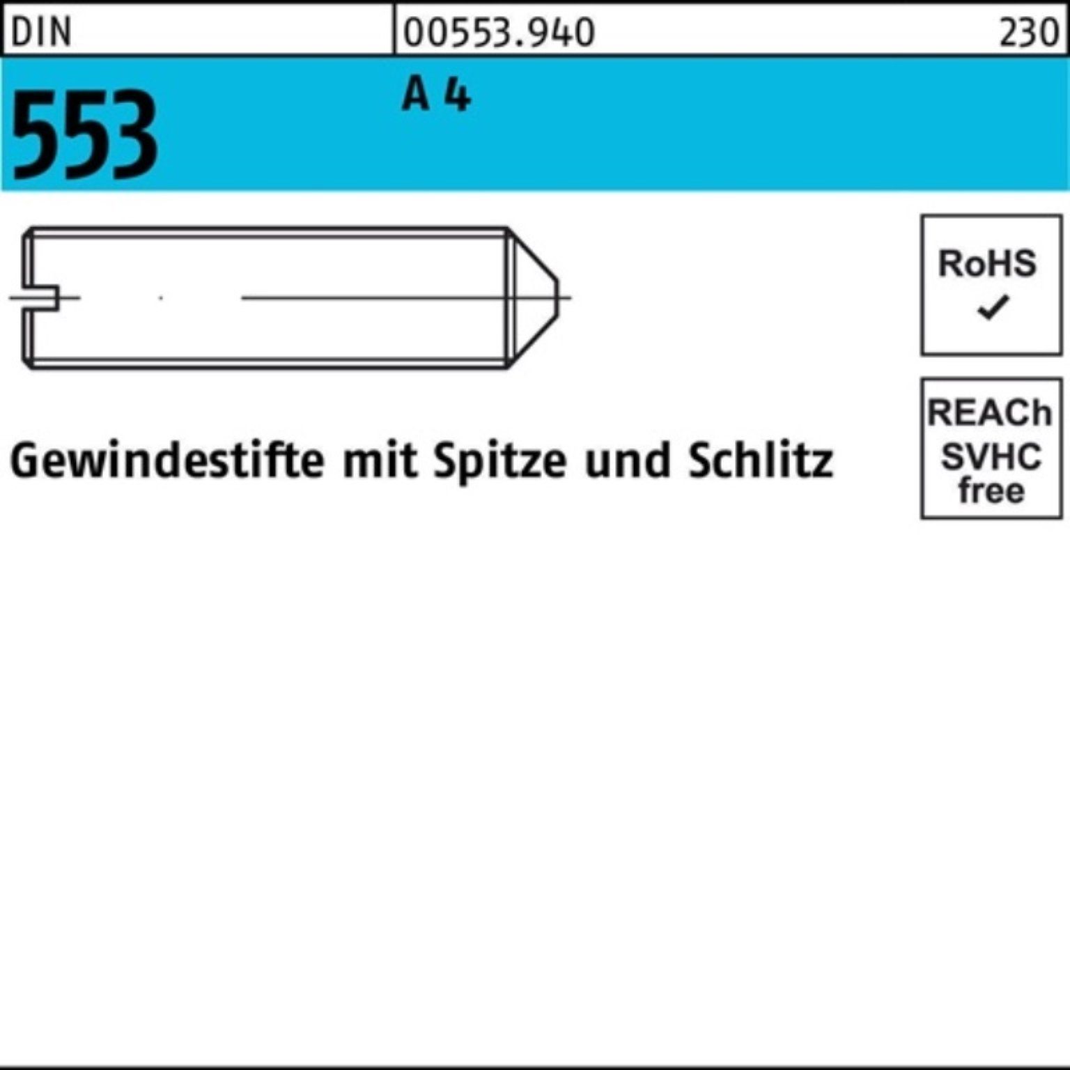 Reyher Gewindebolzen 4 A M6x 8 Stück DIN 100er Gewindestift DIN Schlitz/Spitze Pack 25 553