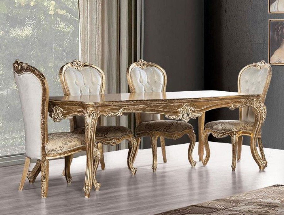 Casa Padrino Esszimmer-Set Luxus Barock Esszimmer Set Weiß / Gold / Antik Gold - 1 Barock Esstisch & 6 Barock Esszimmerstühle - Esszimmer Möbel im Barockstil - Edel & Prunkvoll
