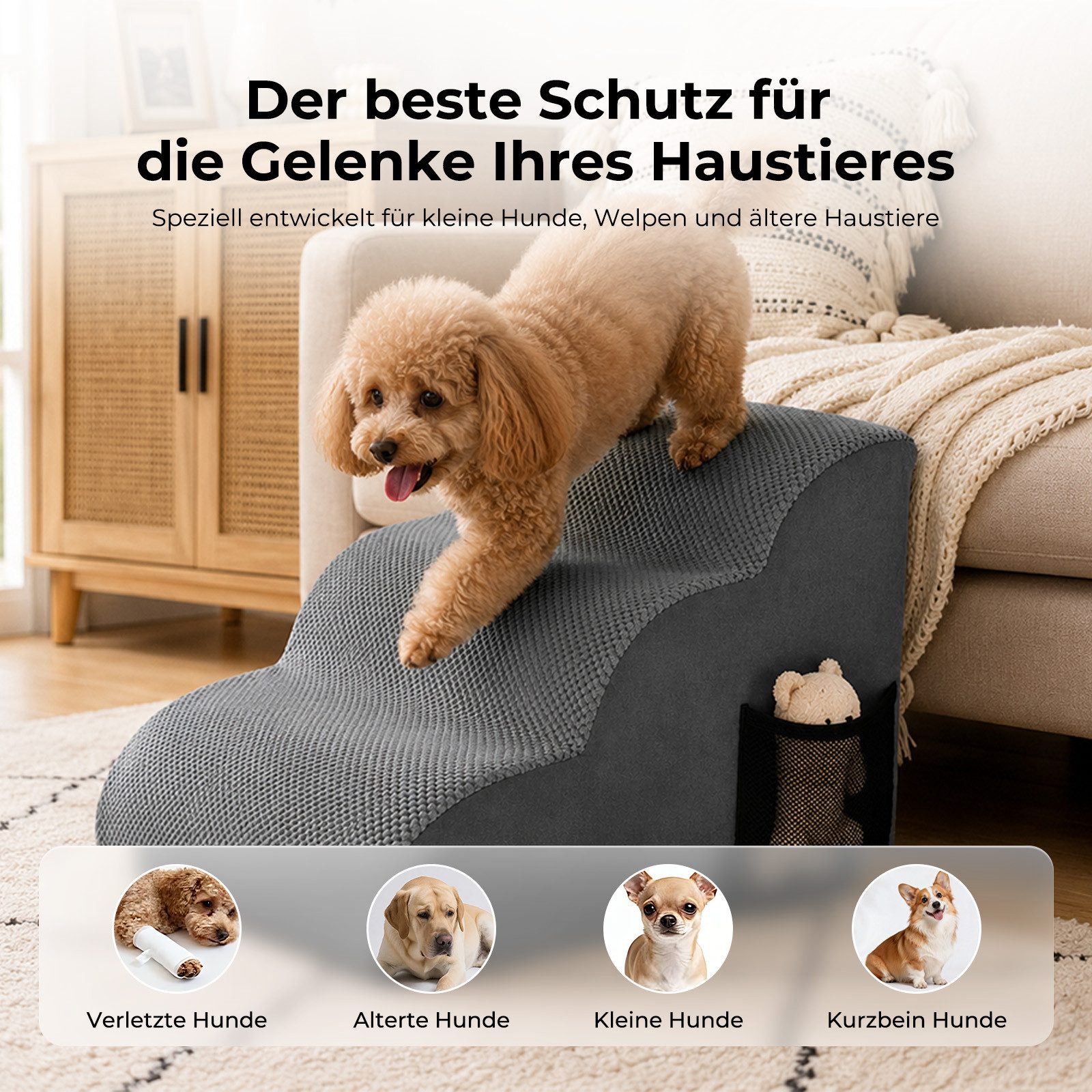 AKKEE Hunderampe 3 Stufen 40cm Hoch - rutschfeste Haustiertreppe mit Waschbarem Bezug, Hochdichtem Schwamm für Kleine Mittlere Hunde