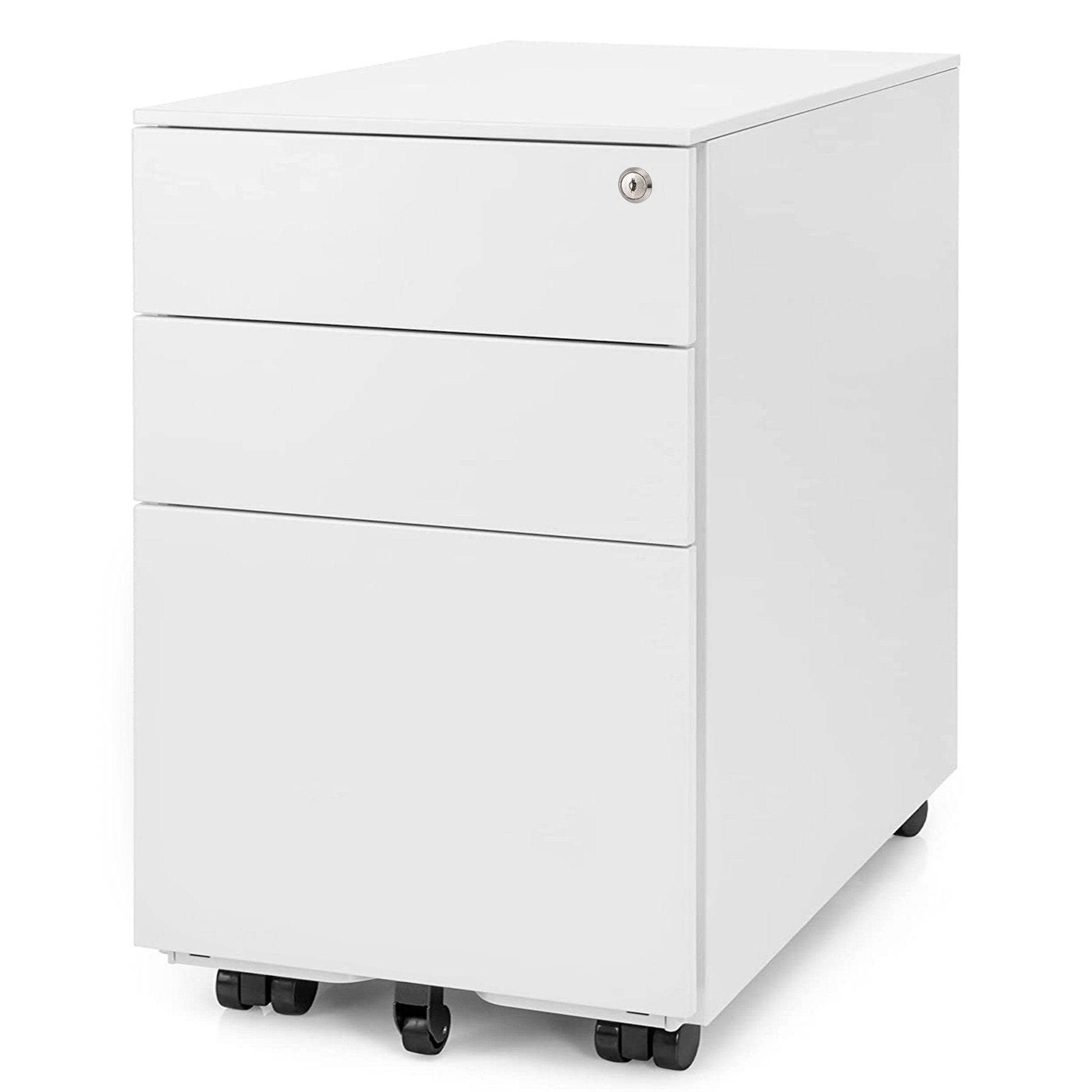 Ergotopia Rollcontainer Bürocontainer abschließbar mit 3 Schubladen Schreibtischcontainer, besonders robust durch kaltgewalzten Stahl Weiß