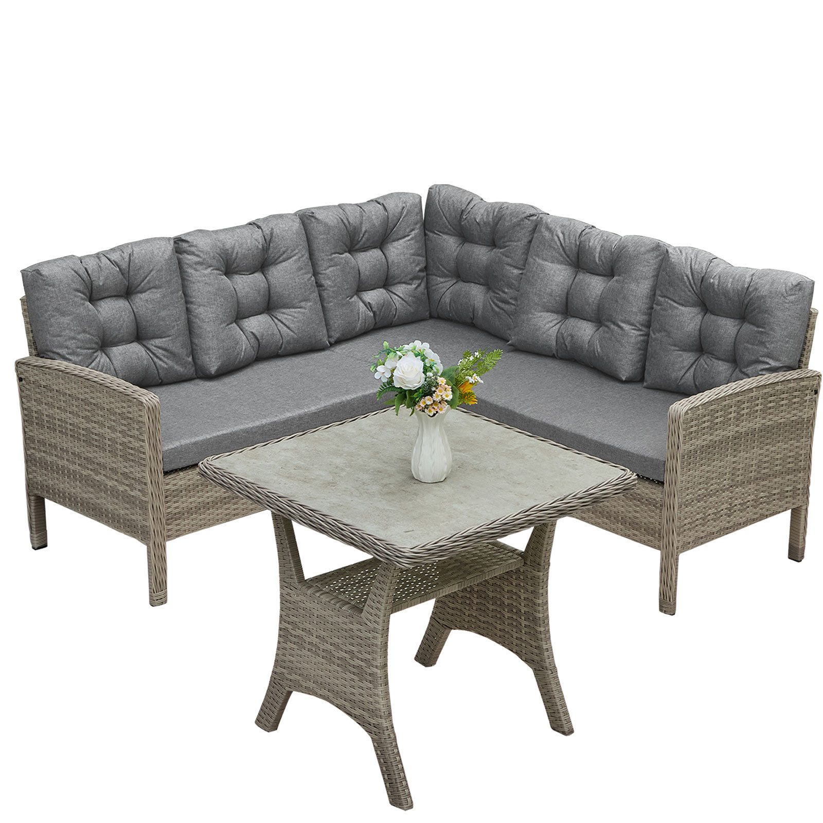 HOMECALL Gartenlounge-Set Gartenlounge-Set Dining Lounge mit Esstisch, Rattan für 5-6 Personen, (Set, 2x 2er Sofa, 1x 1er Sofa, 1x Tisch 73x73x69cm,Loungeset Outdoor), Wetterfester Rahmen Sitzbereich für 5 Personen, COMLAX FIELD