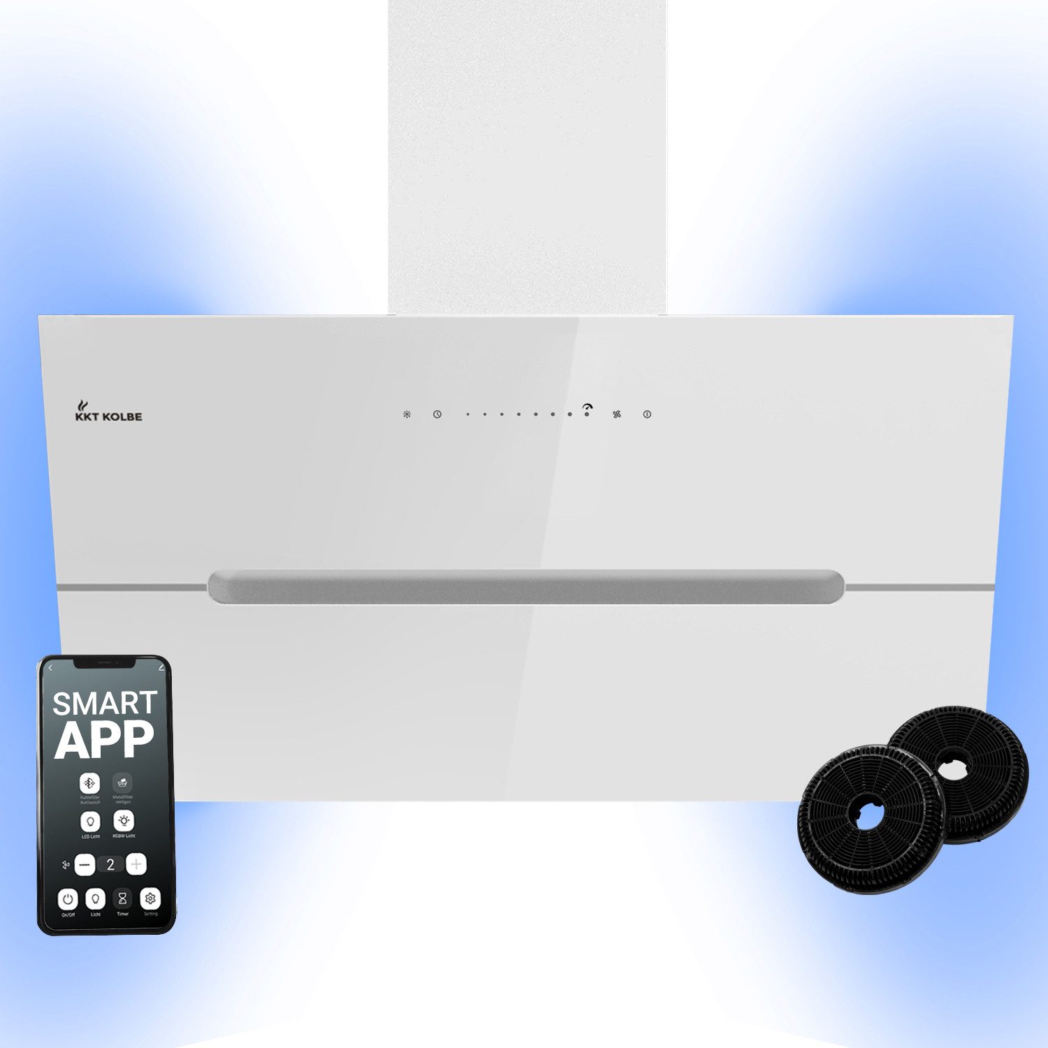 KKT KOLBE Wandhaube Dunstabzugshaube 90cm ECCO9005WM RGBW Ambientebeleuchtung Dunstabzugshaube 90cm ECCO9005WM RGBW Ambientebeleuchtung, Kopffrei / 90cm / Smarte WiFi-App / Weiß / Glas / Schräghaube