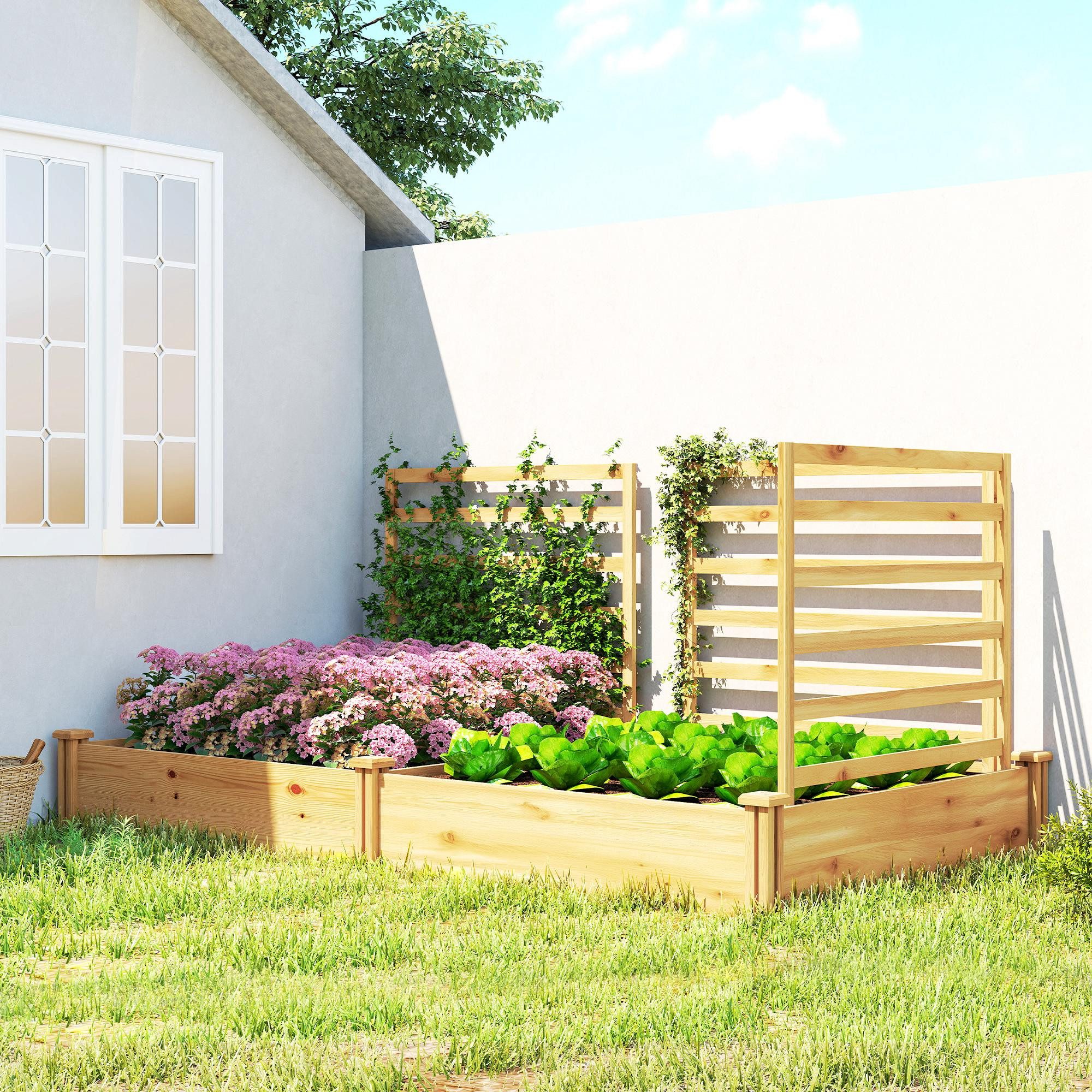 Outsunny Hochbeet mit 3 Spalier, Trennwand, offenem Boden (Pflanzkasten, 1 St., Holz Blumenkasten), für Kletterpflanzen Garten Balkon 240 x 125 x 102 cm Naturholz