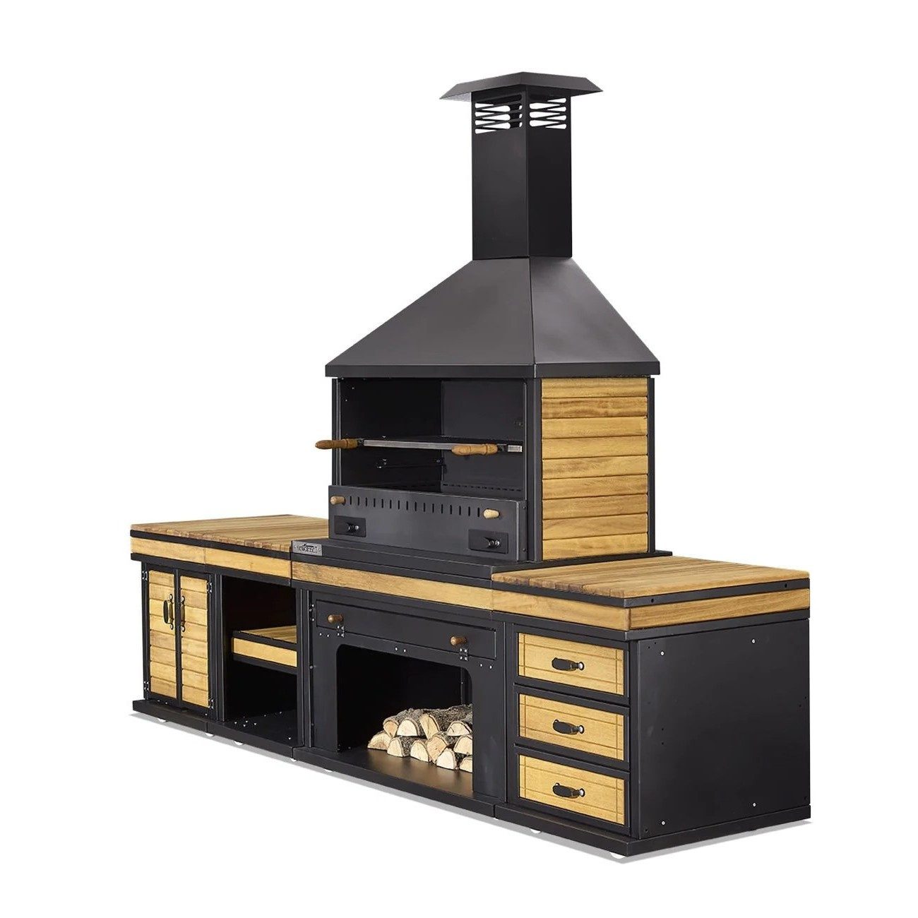 Xlmoebel Outdoor-Küche XLMOEBEL Außenküche Schwarz Holz Edelstahl mit großzügigem Kochbereich, Made in Europa