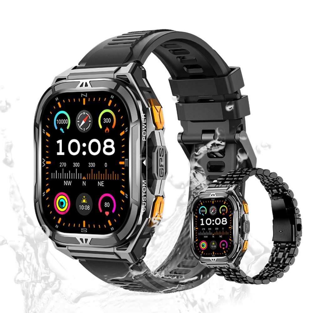 Valdus Herren Robust Telefonfunktion 5 ATM Wasserdicht 530mAh FitnessTracker Smartwatch (1,96 Zoll, Android/iOS), Elegante Fitnessuhr mit GPS, Schlafanalyse & Herzfrequenzmessung