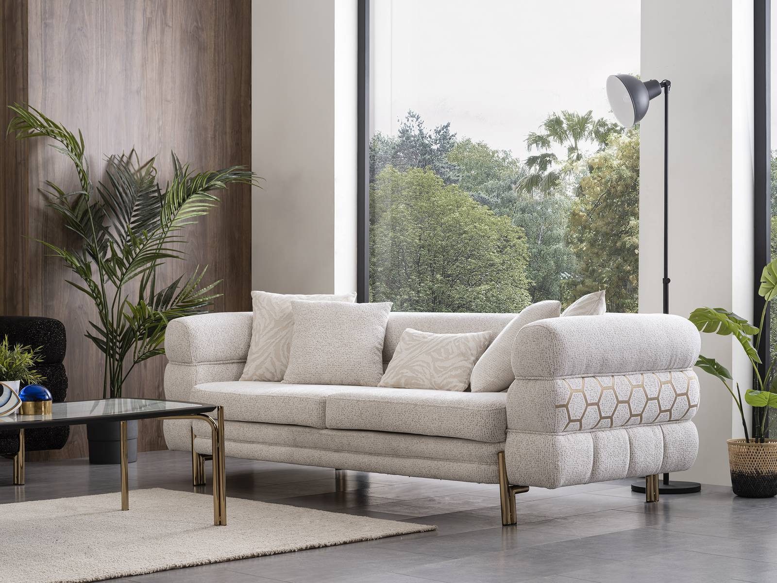JVmoebel 3-Sitzer Elegantes weißes Sofa im Designer-Look mit Edelstahl-Füßen in Gold, 1 Teile, Made in Europa