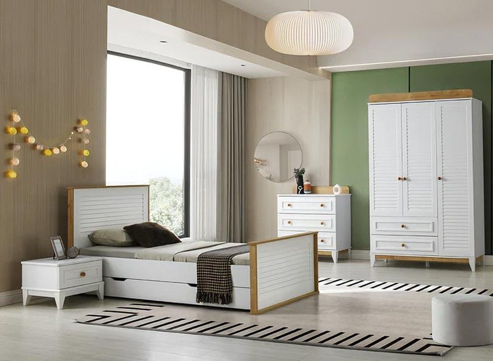 Jugendzimmer-Set Garnitur Kinderzimmer Bett Set 4tlg Holz Weiß Bettrahmen