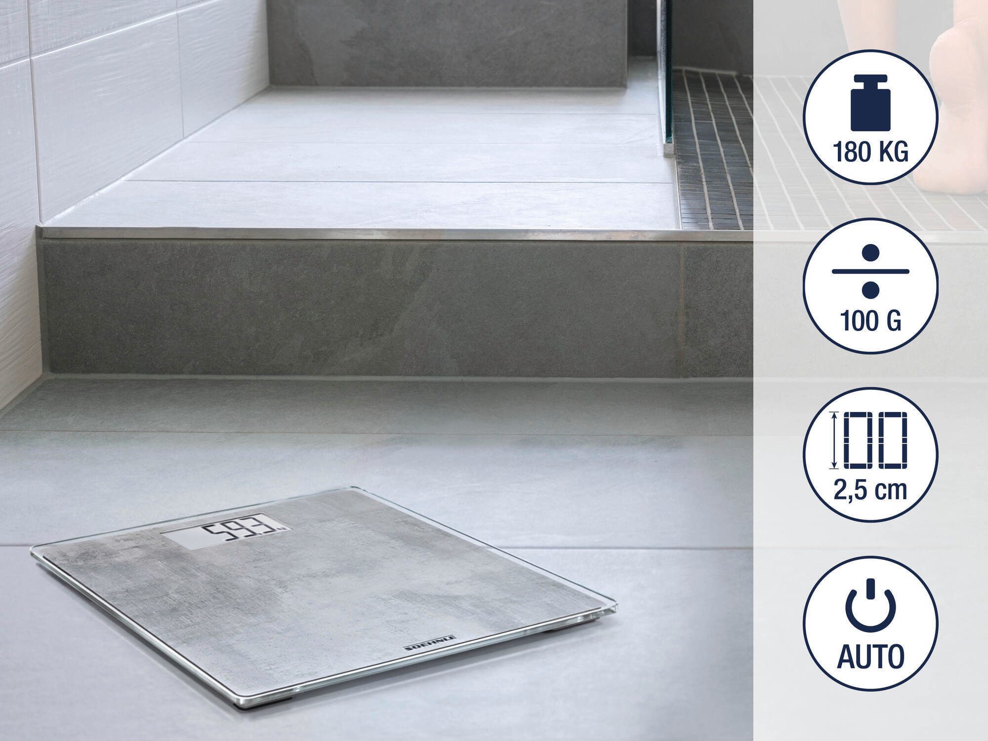 Soehnle Personenwaage Style Sense Compact 300 Concrete, 1-tlg., LCD-Anzeige, flaches Design, bis 180kg, große Trittfläche, kg/lb/st