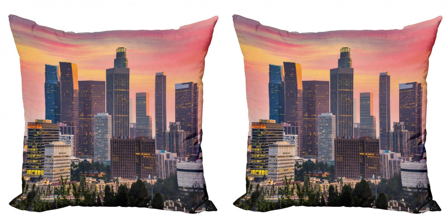 Accent orange Los Doppelseitiger Stadt Angeles Skyline Abakuhaus Kissenbezüge (2 Digitaldruck, Stück), Himmel Modern