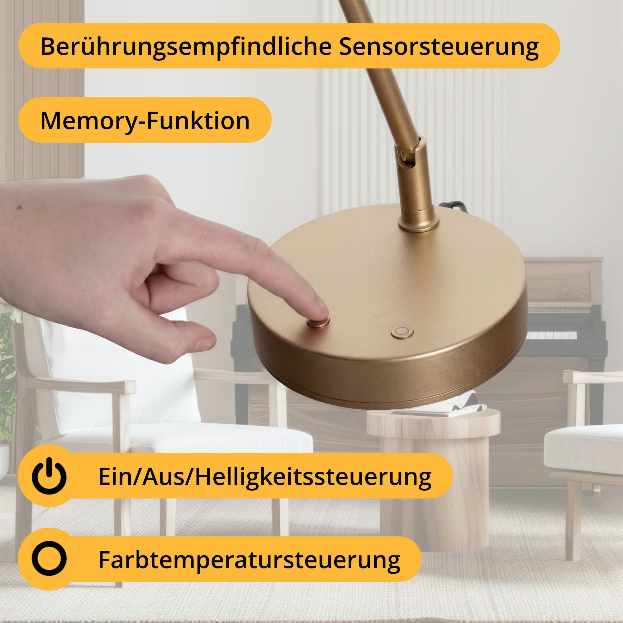 Classic Cantabile LED Tischleuchte 12520 GD Pianoleuchte Gold, LED, warm-weiß, stufenlos dimmbare Leuchte und 78 helle LEDs im breiten Schirm