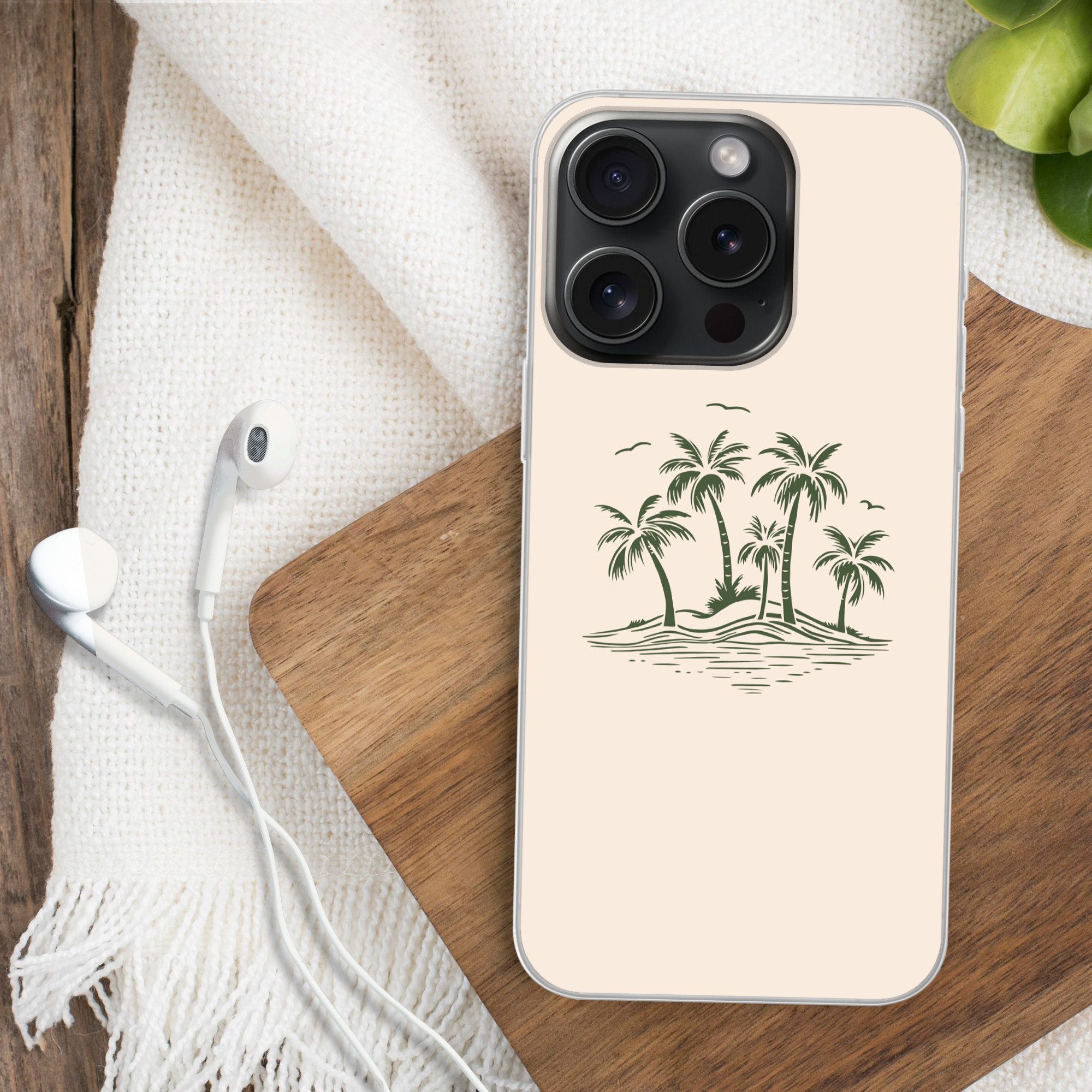 MuchoWow Handyhülle für Apple iPhone 15 Pro Palmen - Strand - Beige - Grün - Tropisch, Smartphone-Bumper, Print, Handy Schutzhülle Dünn