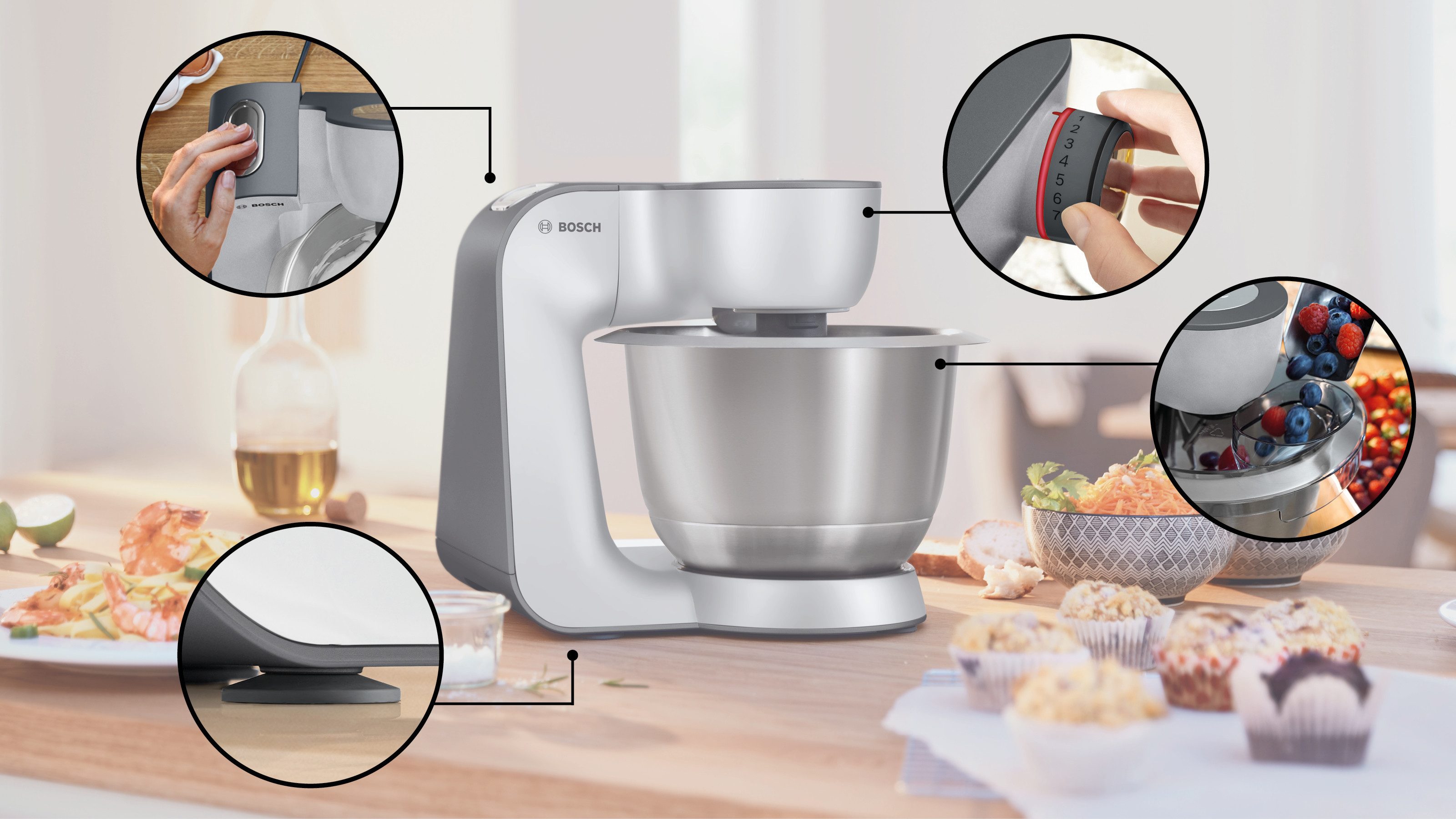 BOSCH Küchenmaschine MUM5935B Durchlaufschnitzler, 3 Scheiben, Mixer, silber, 1000 W, 3,9 l Schüssel, Fleischwolf, Kekspresse, Zitruspresse, 3 Rühr-/Knethaken,  – Bild 3 von 5