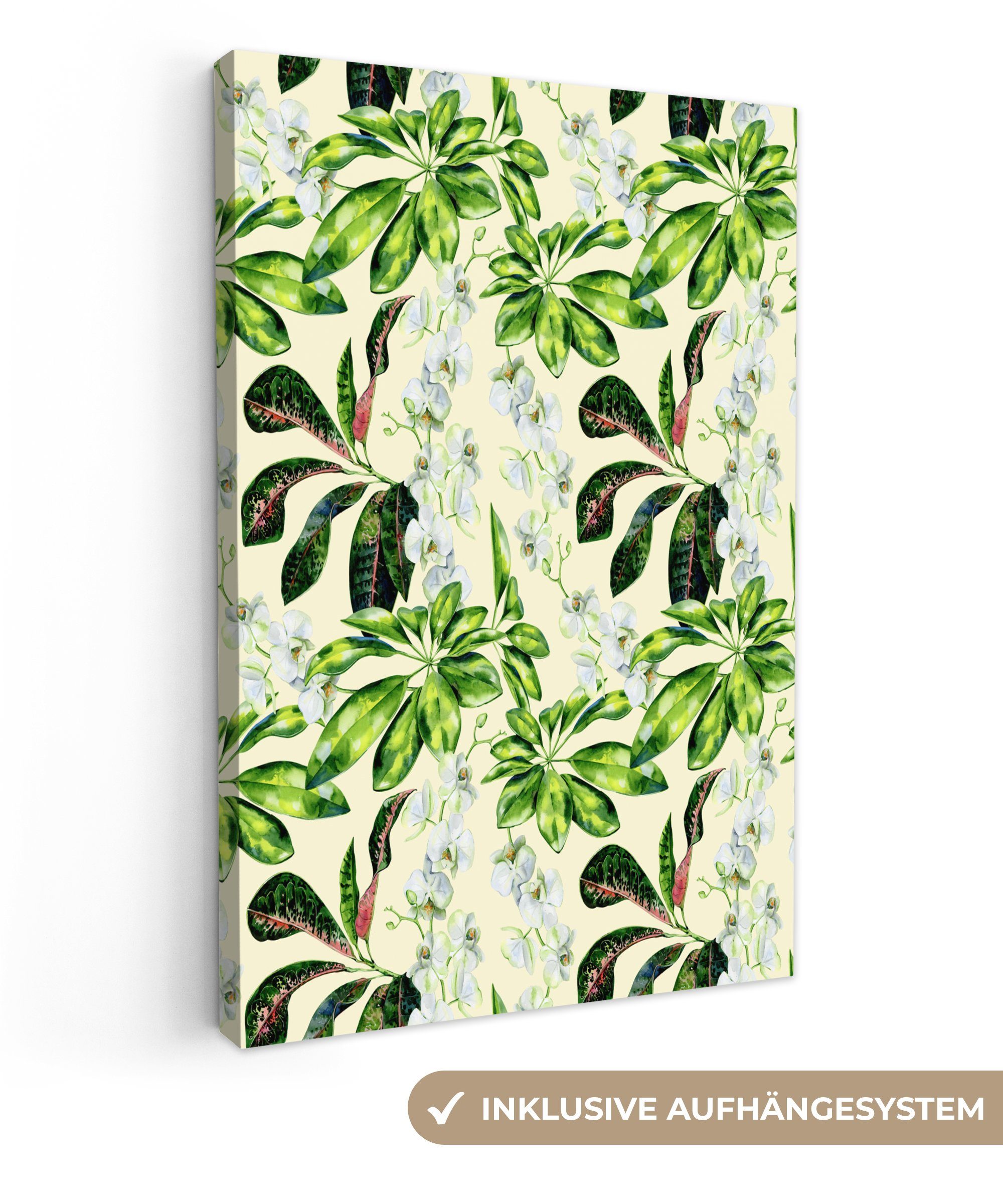 cm (1 fertig St), bespannt Blätter Grün, 20x30 Leinwandbild Vintage - - inkl. Leinwandbild OneMillionCanvasses® Gemälde, Zackenaufhänger,