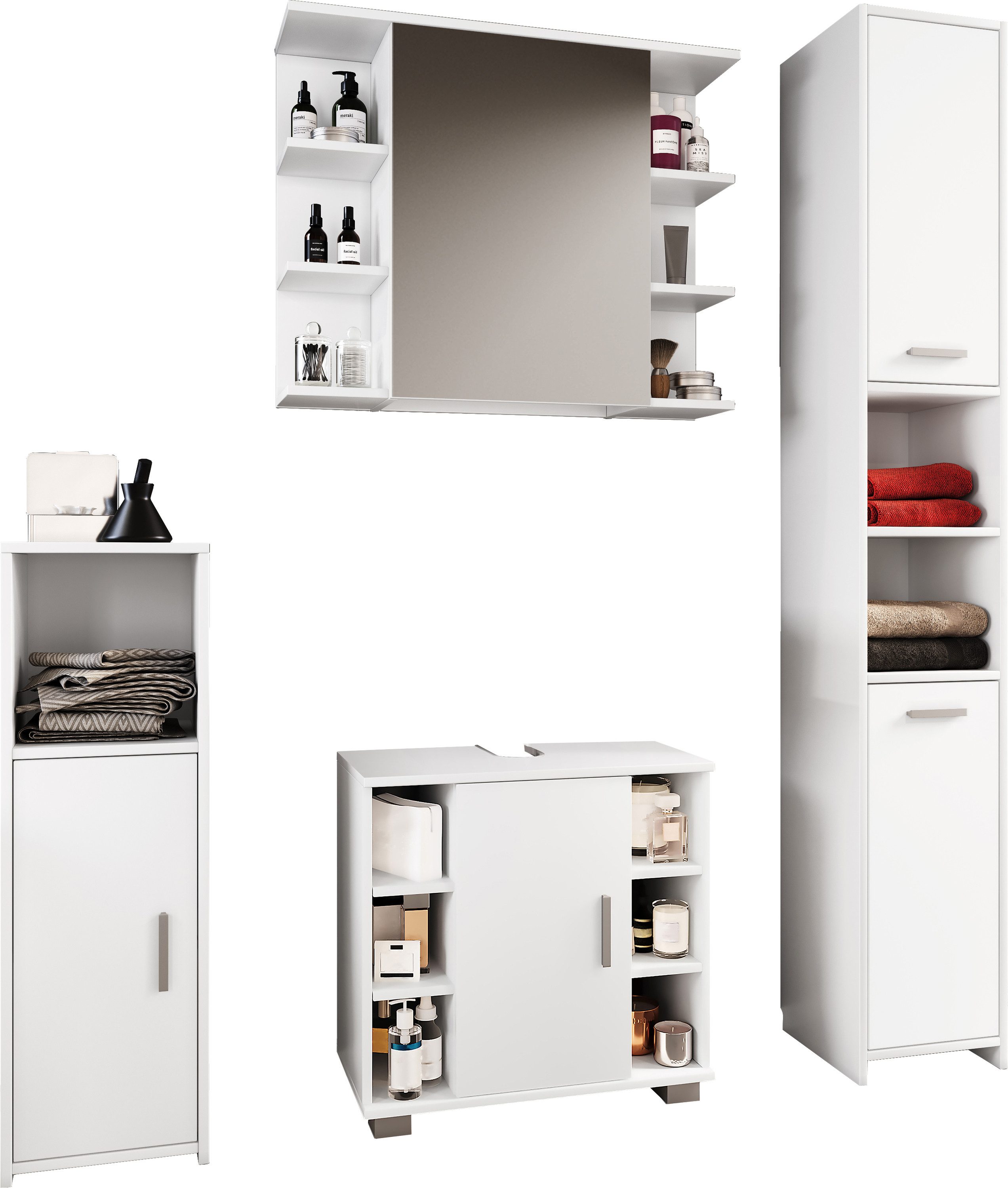 VCM Badmöbel-Set 4-tlg. Komplett Badmöbel Badschrank Set Zalo ll, (4-St., 1x Spiegelschrank 1x Midischrank 1x Unterschrank 1x Hochschrank)