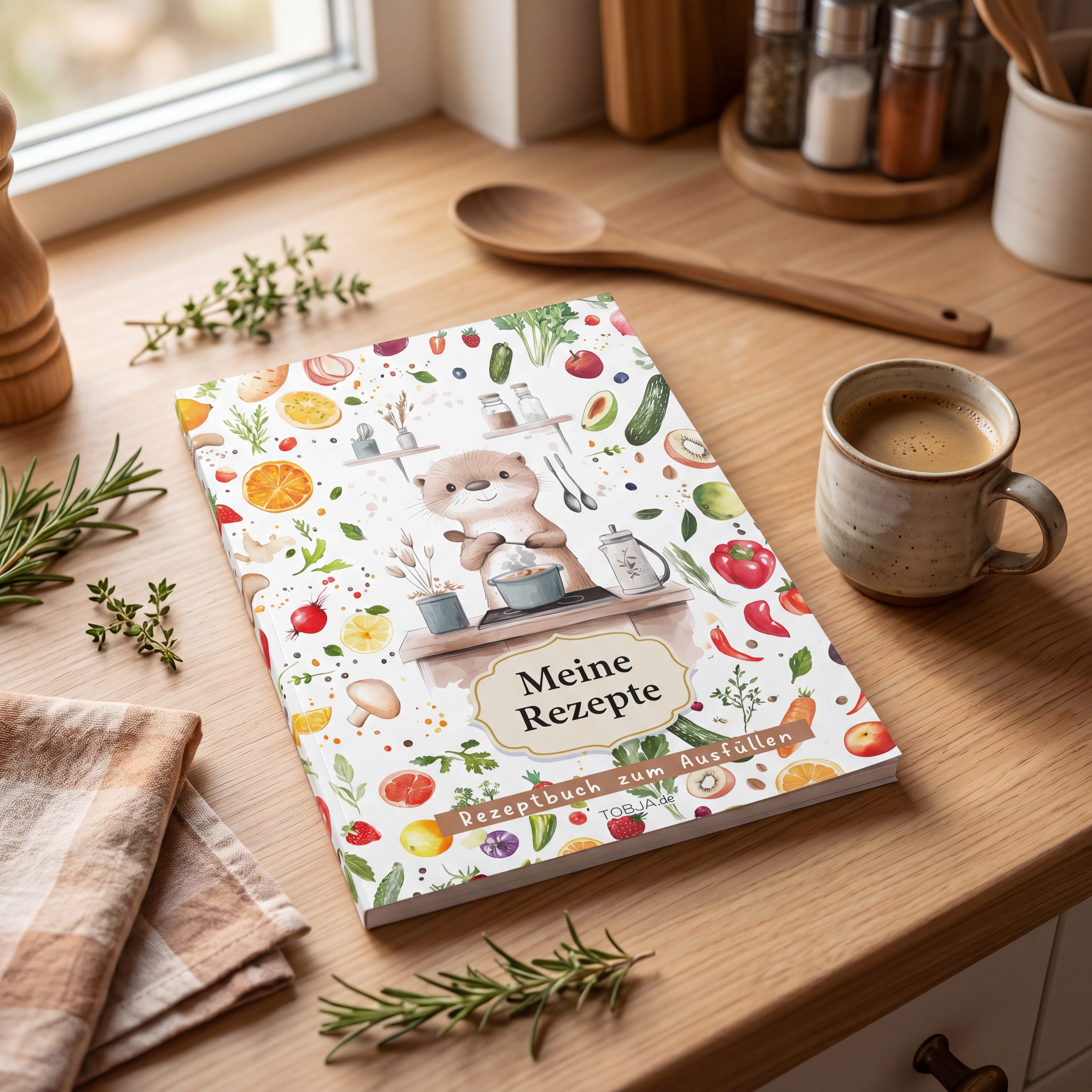 TOBJA Notizbuch Rezeptbuch zum selberschreiben DIN A5 Otterliebe, Saisonkalender, Register, Buchklappen, Leseband – Rezepte – Bild 2 von 5