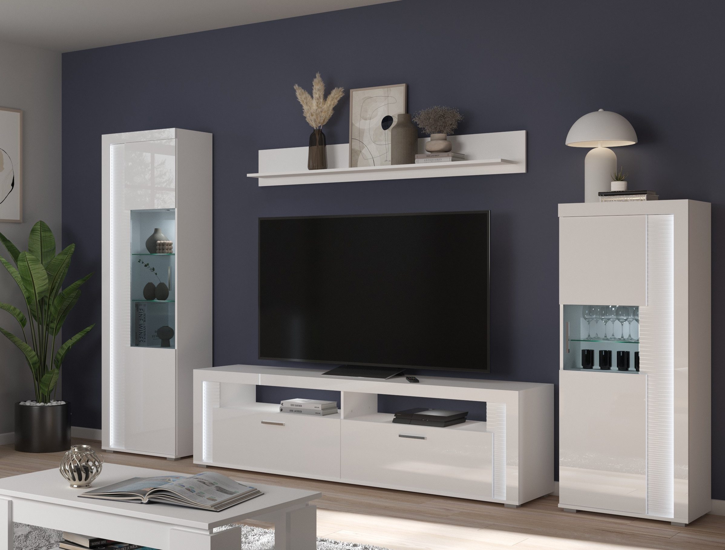 furnling Wohnzimmer-Set Stanley, (4-St., Lowboard, Wandboard, Vitrine, Vitrine halbhoch), Breite 351 cm, Hochglanz Front, Frontbeleuchtung, Wohnzimmermöbel